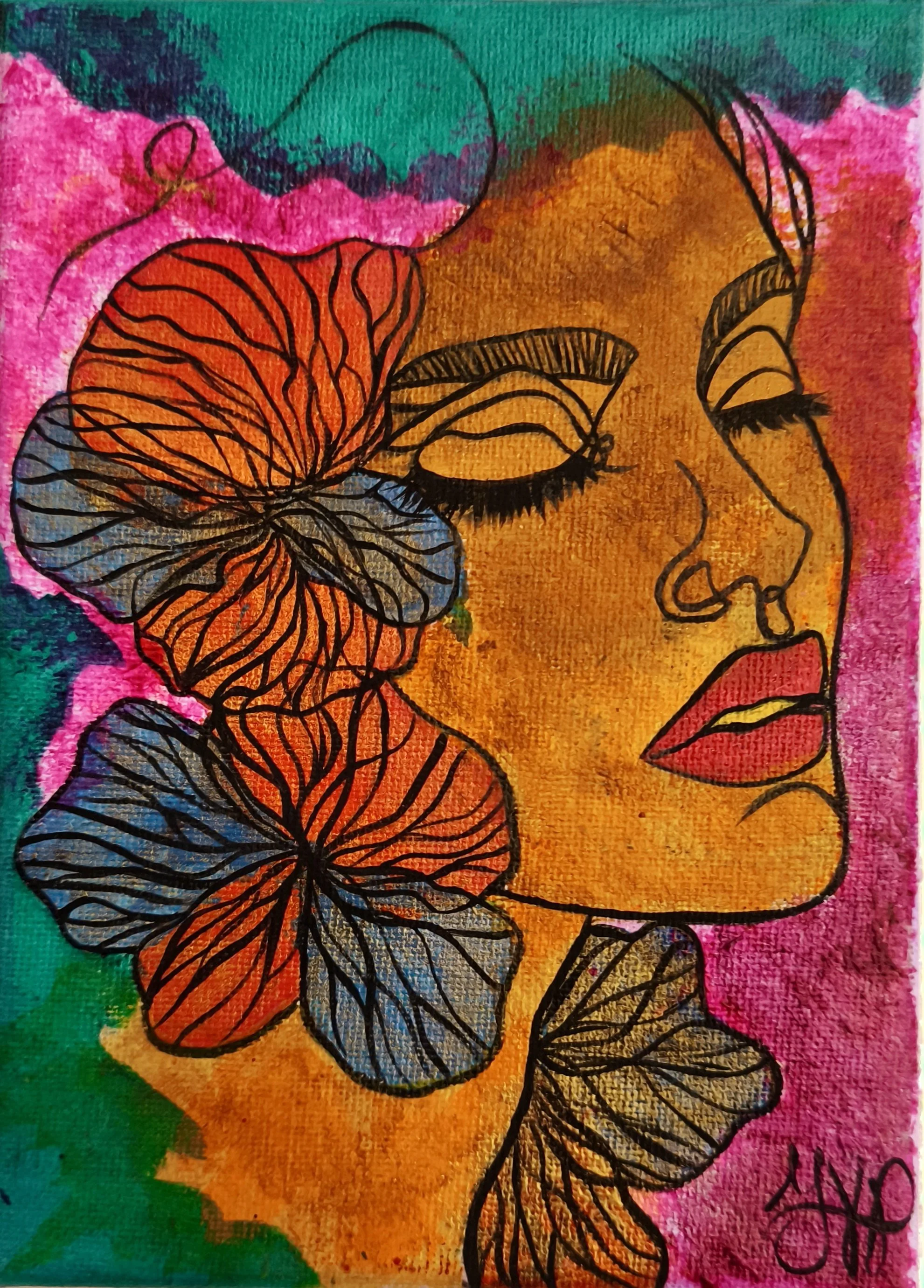 A colorful abstract painting of a woman's face with closed eyes, surrounded by large, orange flowers with black outlines, against a vibrant background of pink, yellow, green, and blue.