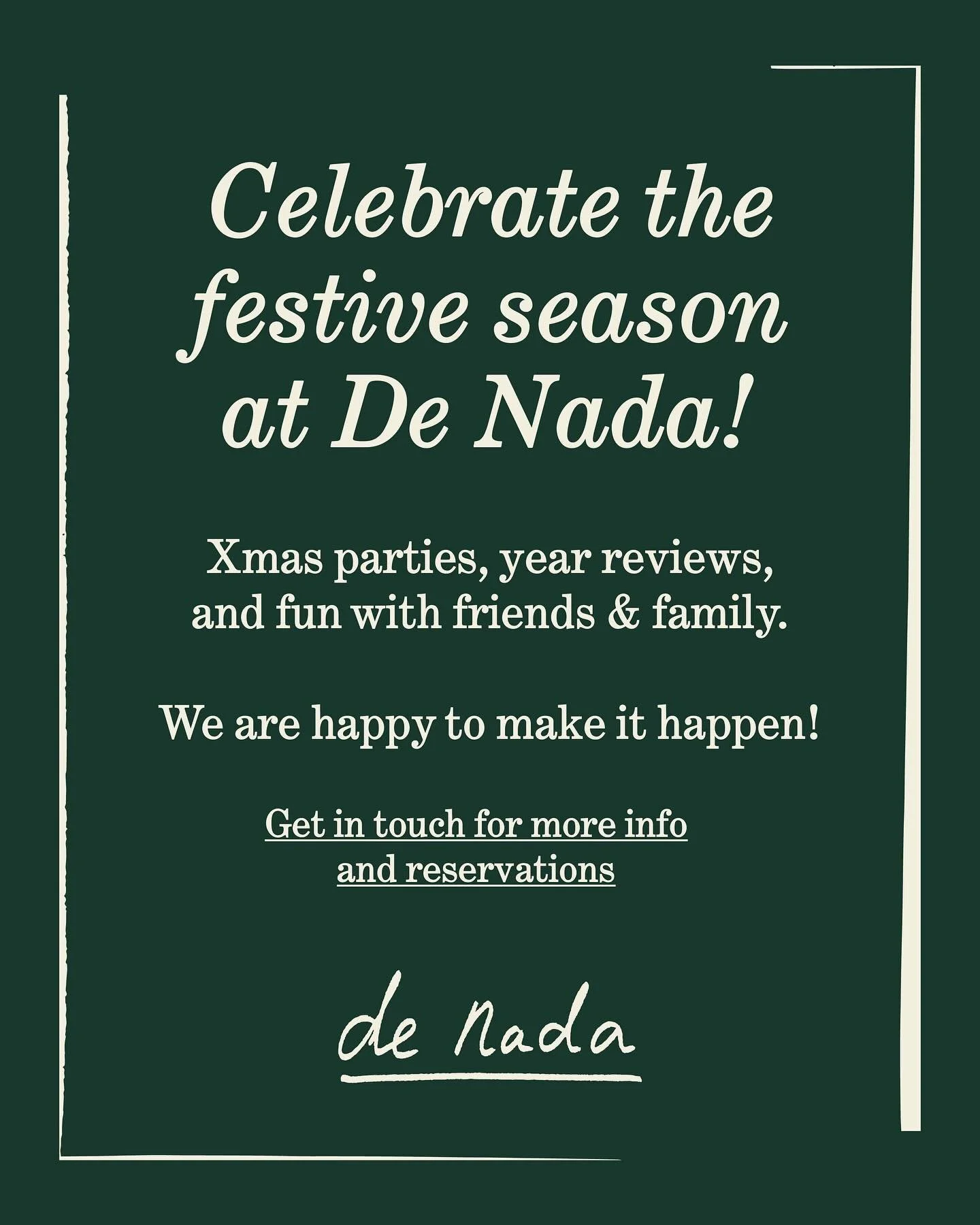 Festive season incoming! 🥂 We like to inform you that we&rsquo;re happy to take (corporate) group reservations during the festive season. Friends &amp; family, all is welcome to celebrate special occasions with us. Drop us a line for more informatio