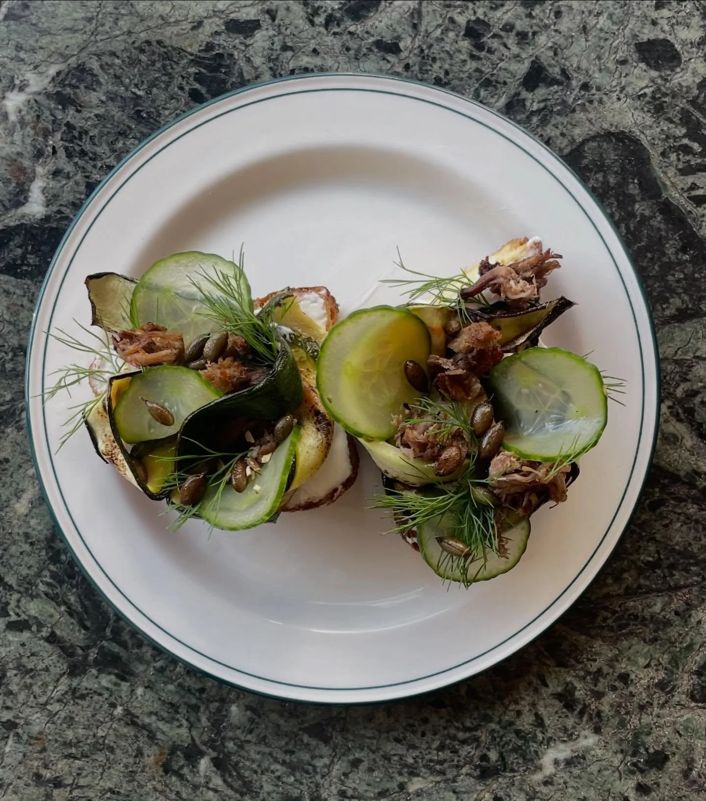 Our spring menu is in full swing! Fresh and seasonal ingredients to make you feel good. In case you haven&rsquo;t tried it yet, drop by and experience it yourselves! This is our toast with BBQ zucchini, goat cheese, honey and slow roasted lamb. Simpl