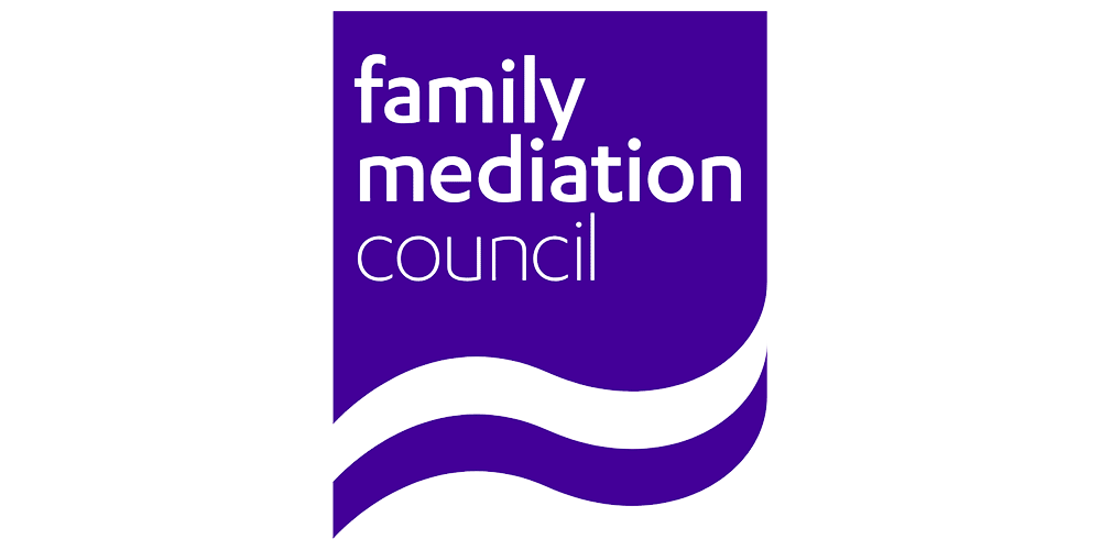 Logo for Family Mediation Council with purple background, black text, and black and purple wave design.