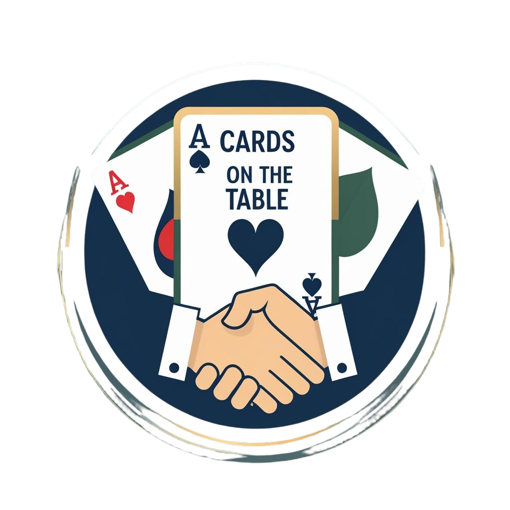 Illustration of a handshake with playing cards, including an ace of hearts and an ace of spades, and a sign reading 'A Cards on the Table'.