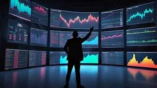 Person pointing at multiple wall-mounted screens displaying financial graphs and charts.