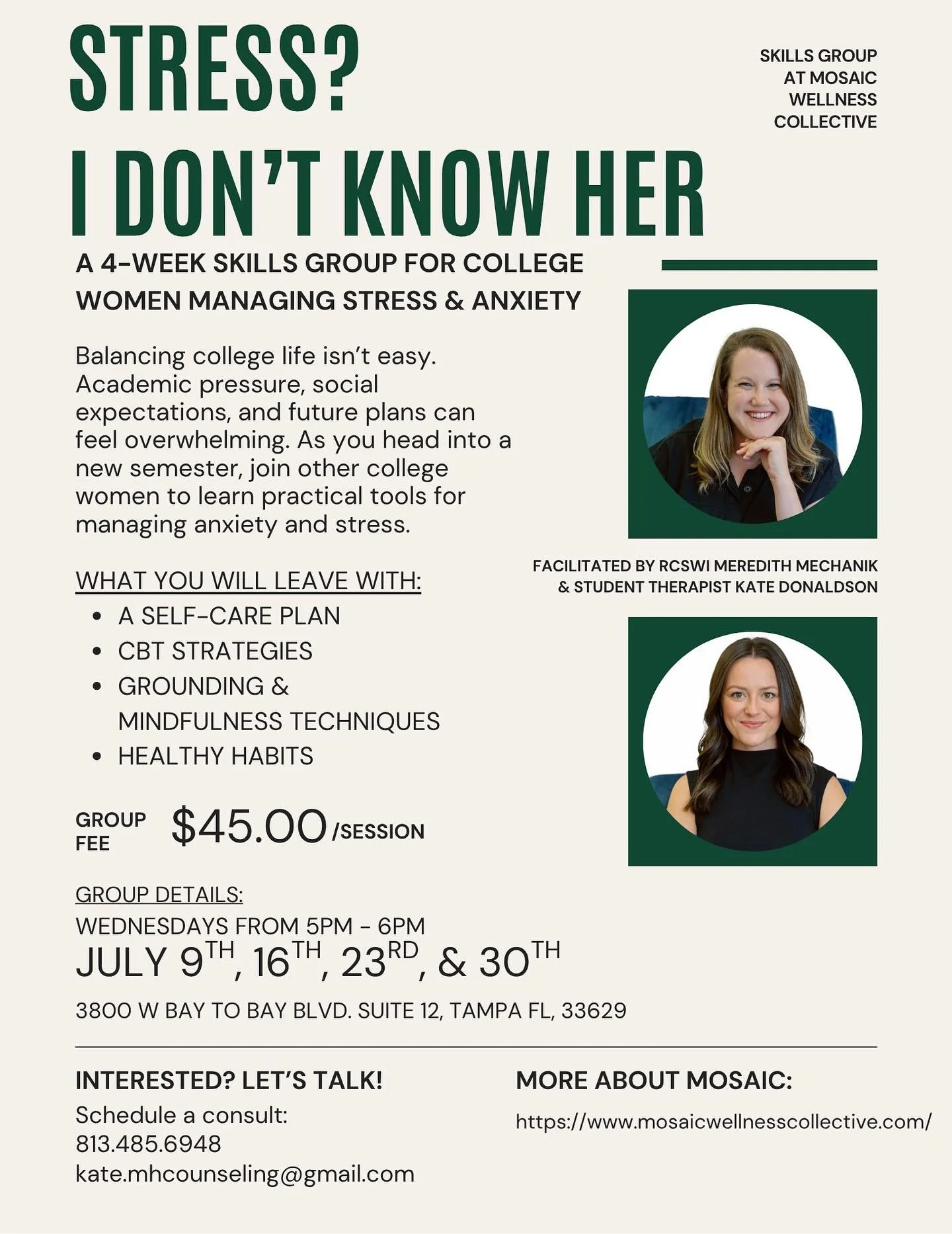 ✨NEW GROUP ALERT✨

College life can be a lot ~ between exams, relationships, and future plans, stress and anxiety can creep in fast. Join us for &ldquo;Stress? I Don&rsquo;t Know Her&rdquo;, a 4-week skills group designed just for college women looki