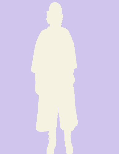 Silhouette of a person with short hair, wearing loose clothing, standing against a light purple background.