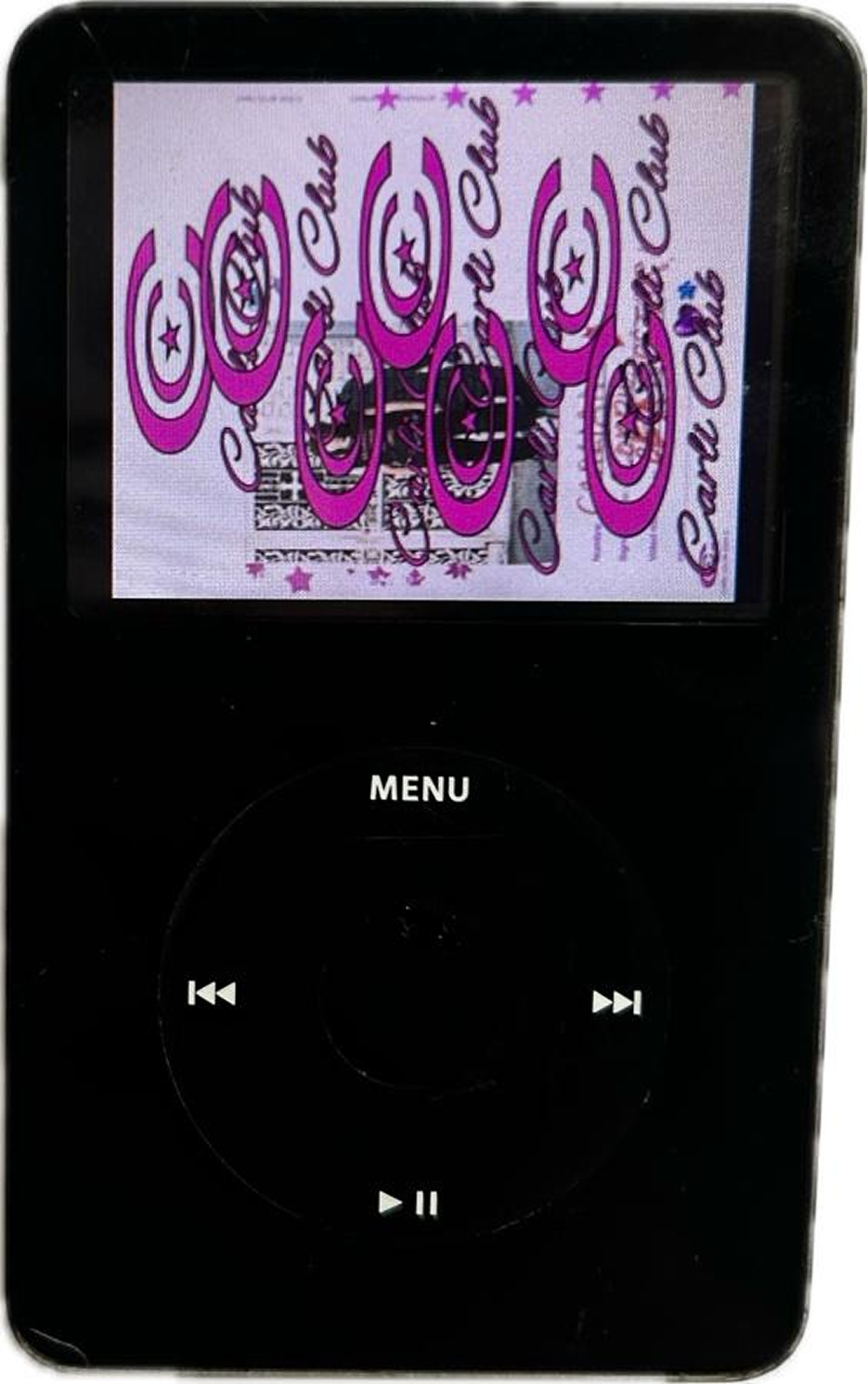 An iPod classic with a black front and white click wheel. The screen displays a colorful graphic with the words "Love You" written in cursive, surrounded by stars and decorative elements.