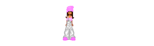 Animated character with long brown hair wearing a pink hat, purple top, and large white slippers with pink accents.