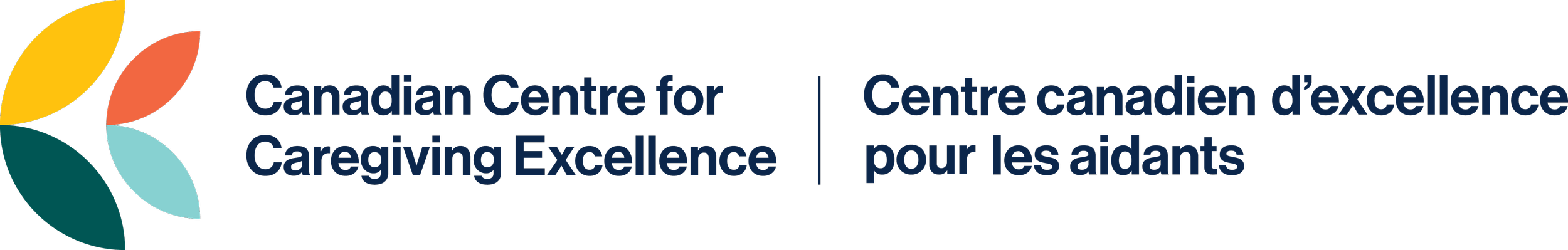 Logo of the Canadian Centre for Caregiving Excellence, featuring five colorful leaves in yellow, orange, dark teal, light teal, and dark green, alongside text in English and French.