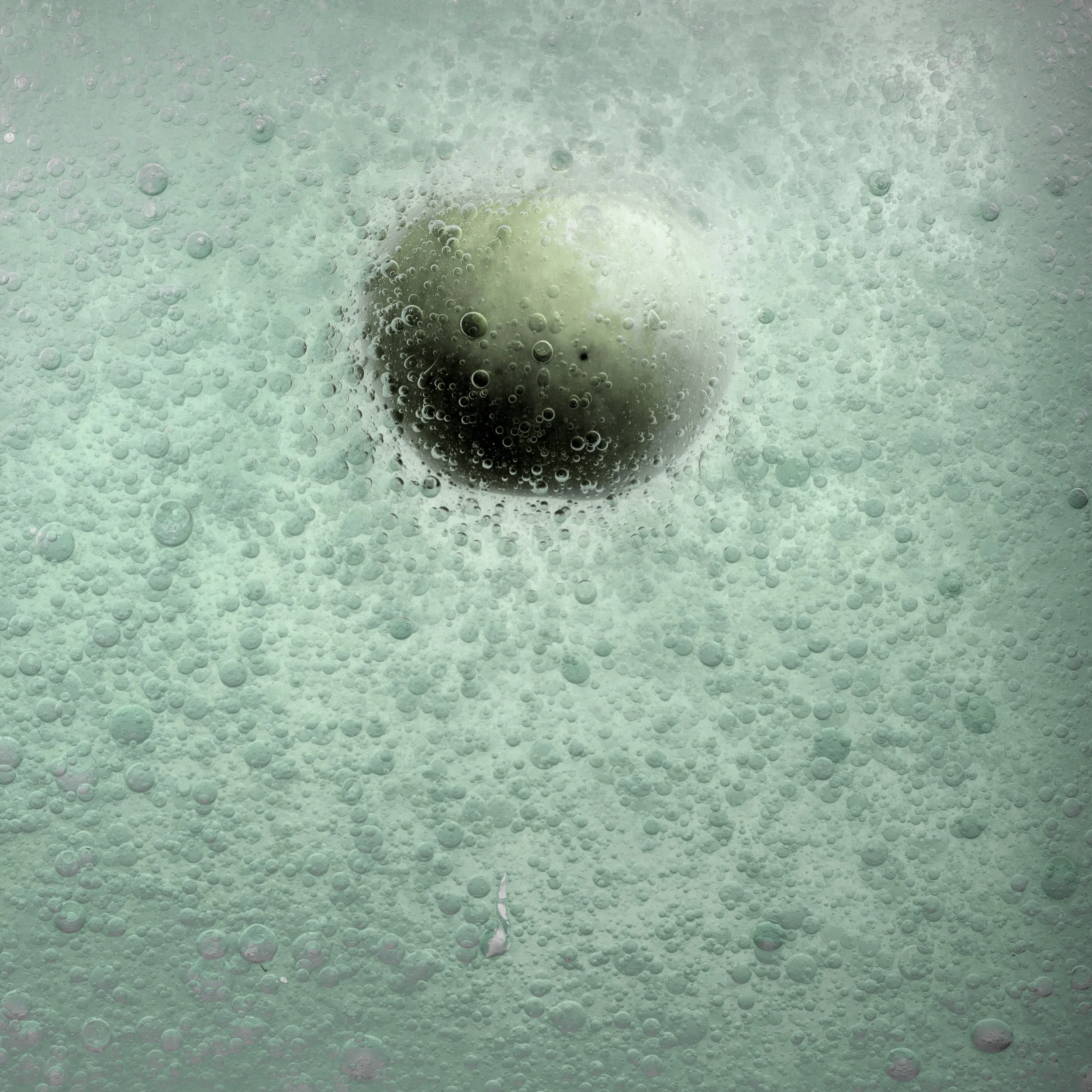 A green apple submerged in carbonated water with bubbles surrounding it.