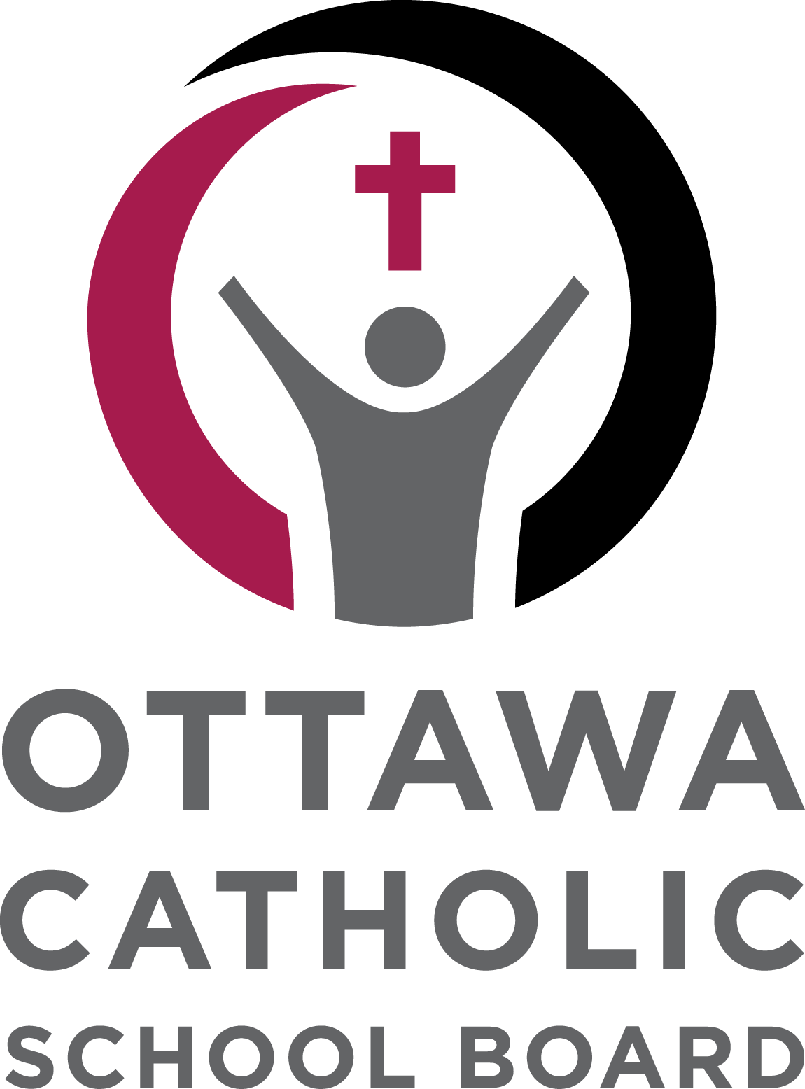 Logo of Ottawa Catholic School Board featuring a stylized figure with raised arms beneath a cross and a maroon crescent, with the text Ottawa Catholic School Board underneath.