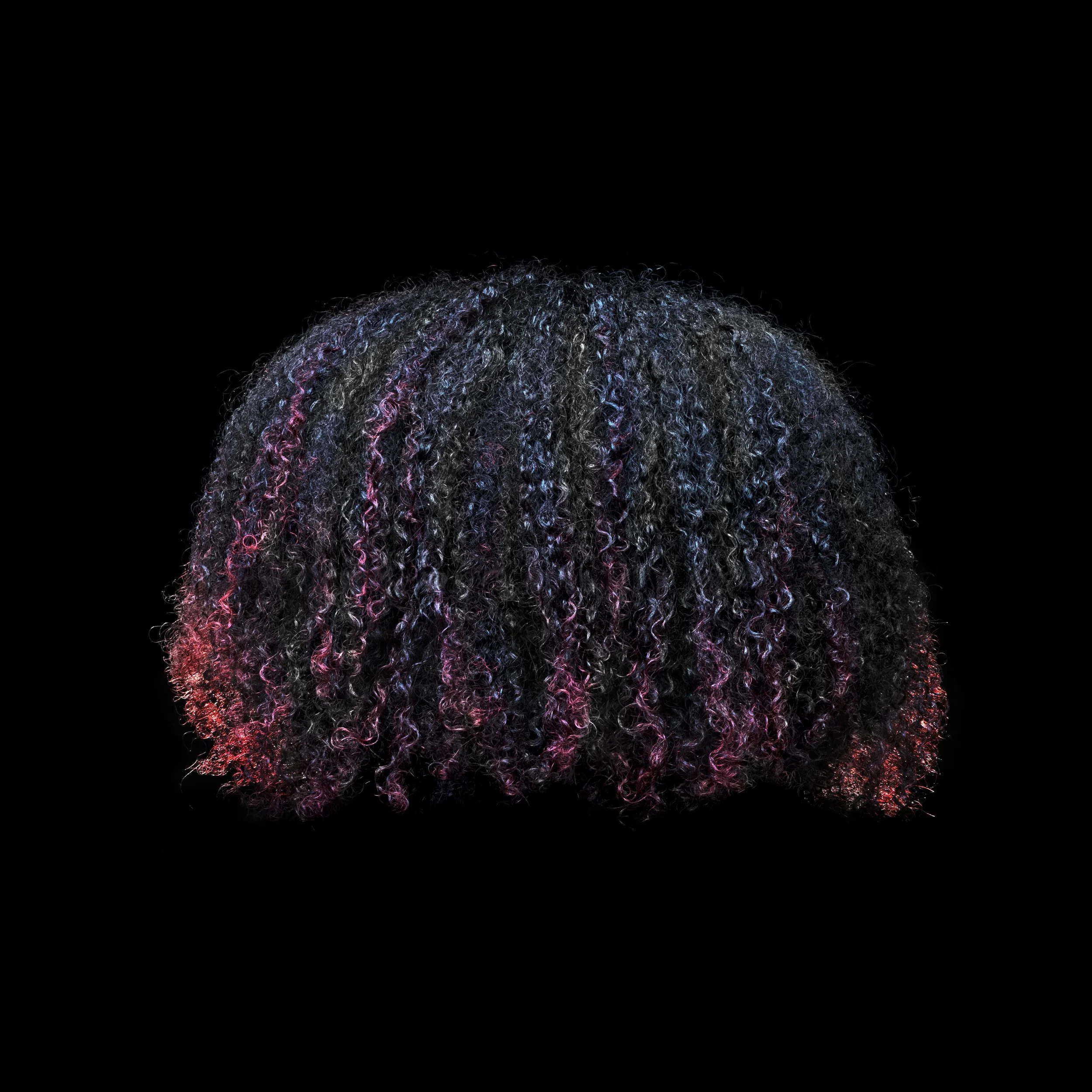 Close-up of curly black hair with purple and pink highlights against a black background.