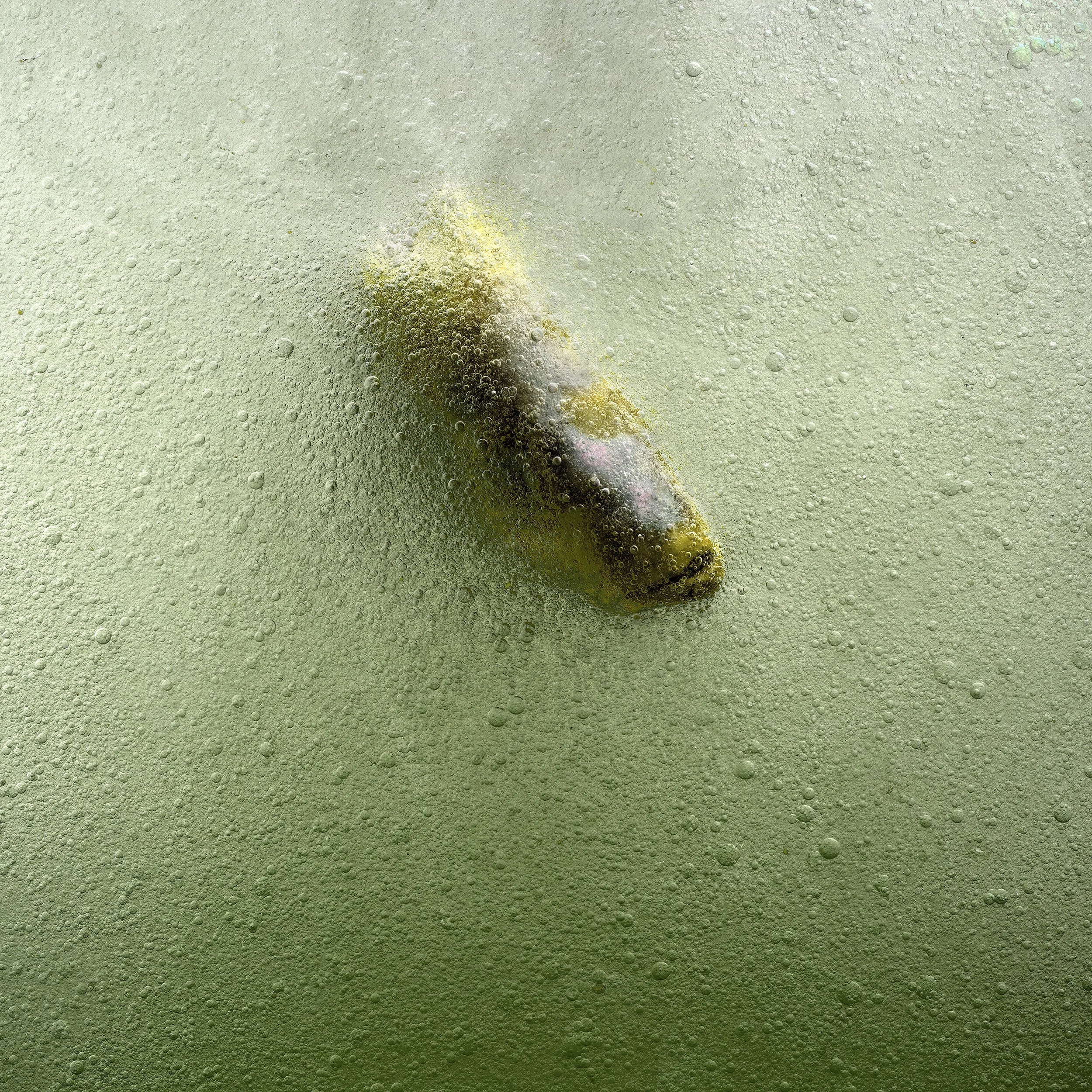 A moldy banana submerged in a green liquid with bubbles and foam.