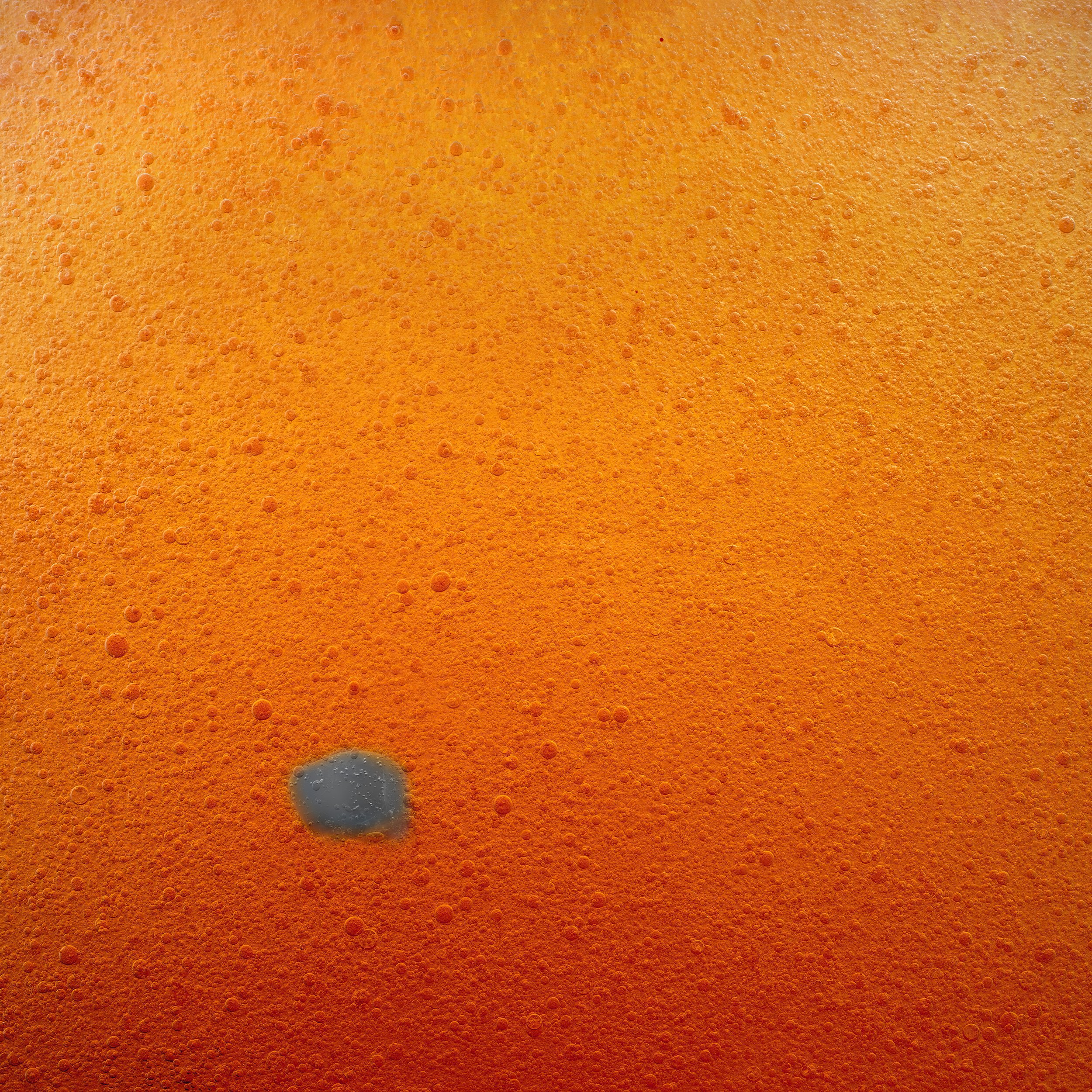 Close-up of the surface of a glass of orange-colored beer with bubbles and foam, with a small dark spot in the lower part of the image.