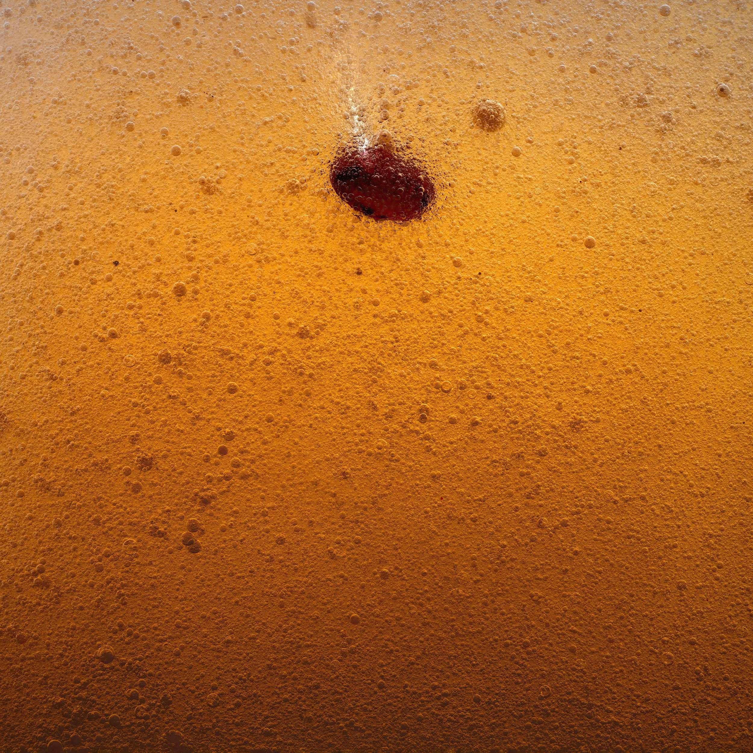 Close-up of beer foam with a single dark bubble near the center.