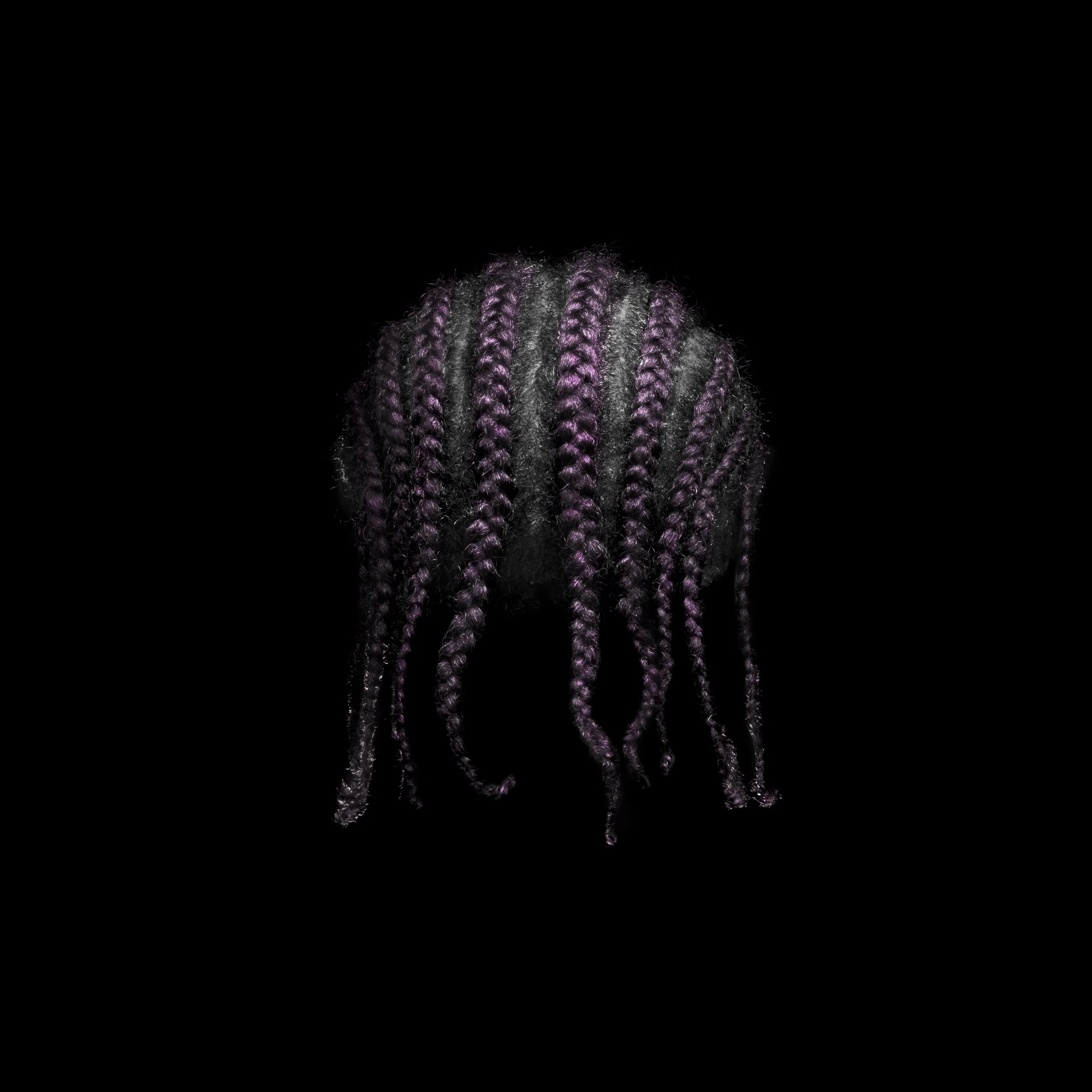 Close-up of purple and black braids hairstyle against a black background.