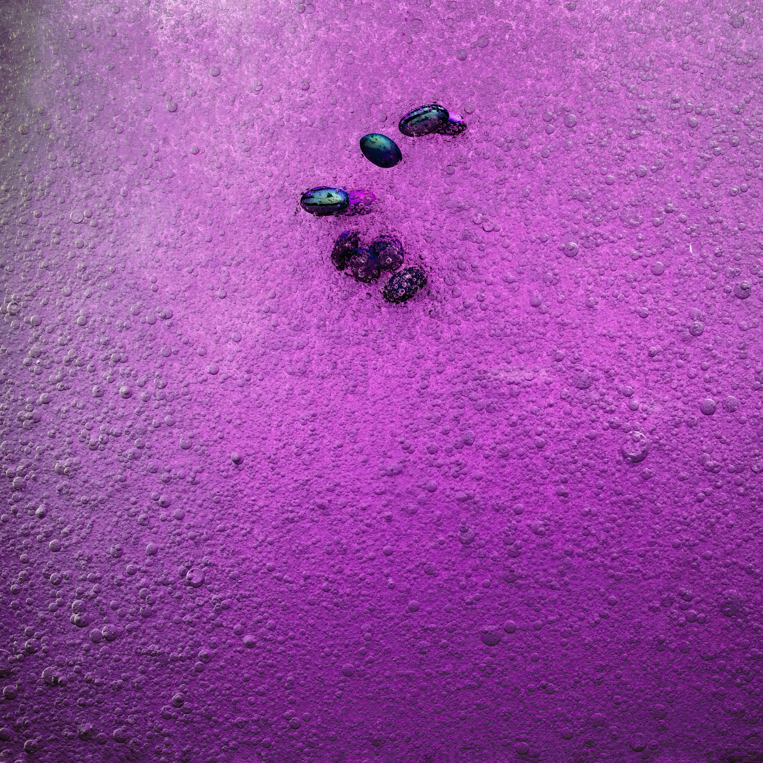 Colorful close-up of bubbles and small dark objects in a purple-pink liquid with a textured surface.