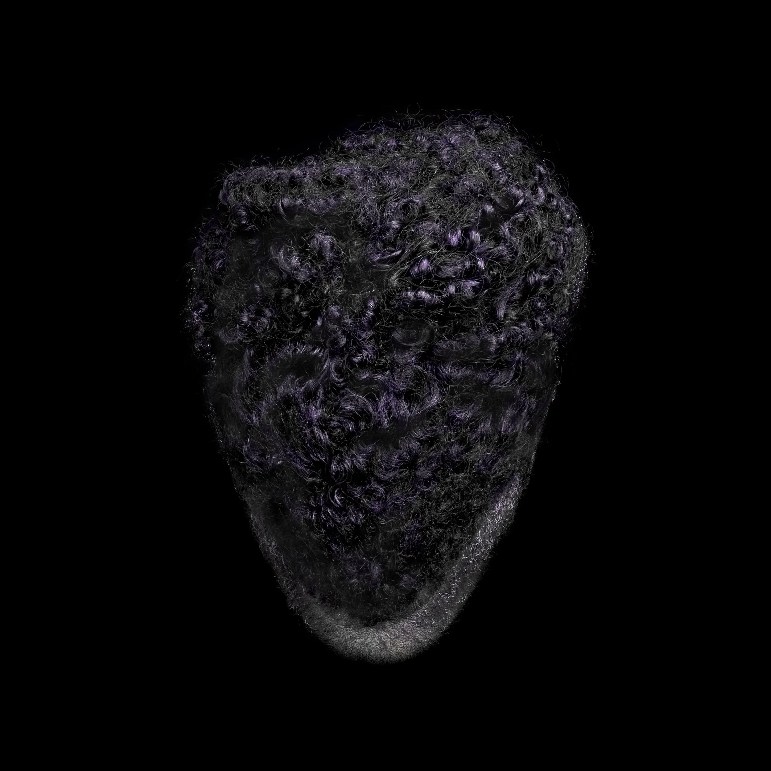 Close-up of a person's head with dark, curly hair, isolated on black background.