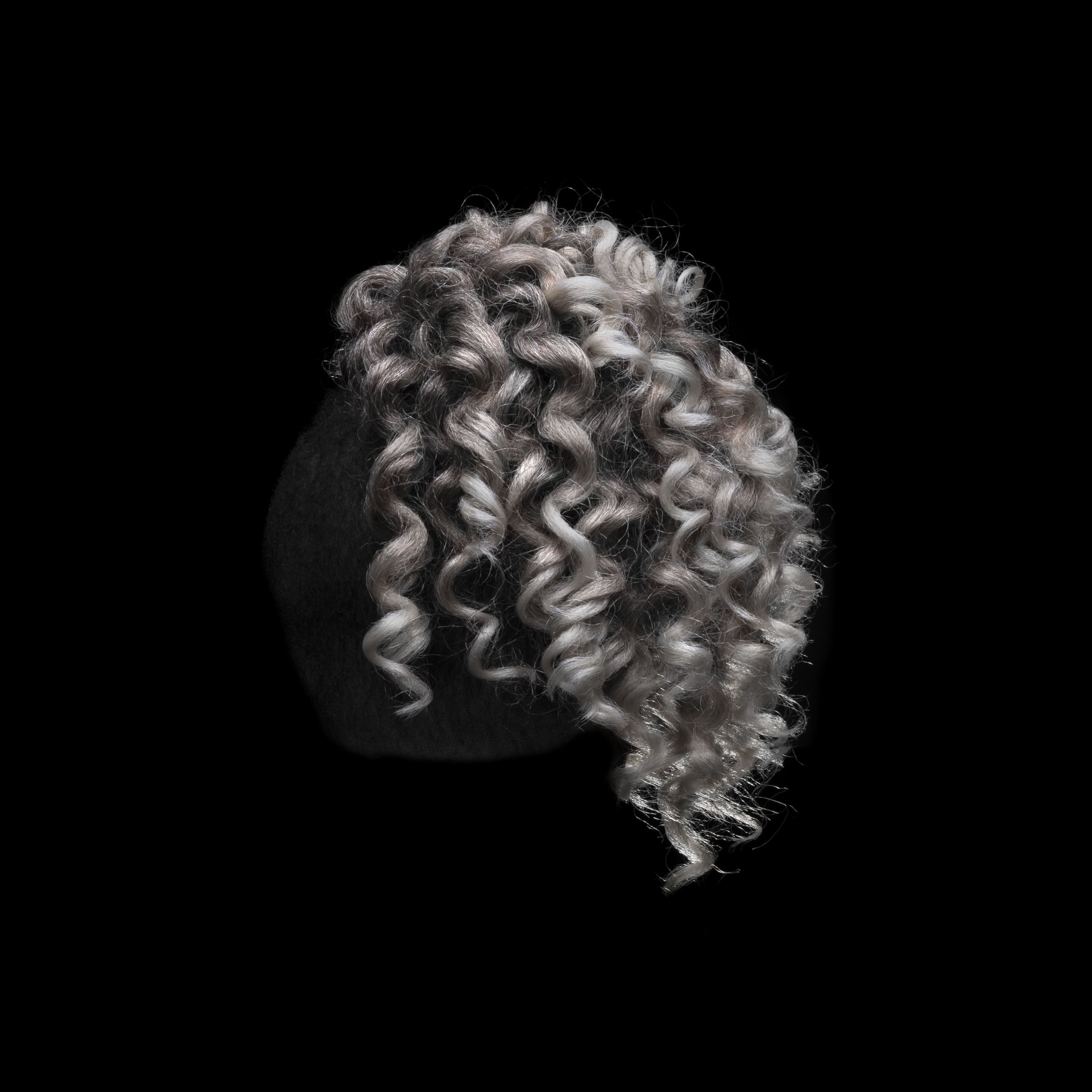 Close-up of a person's head with short black hair on one side and long, tight, silver-blonde curls on the other, set against a black background.