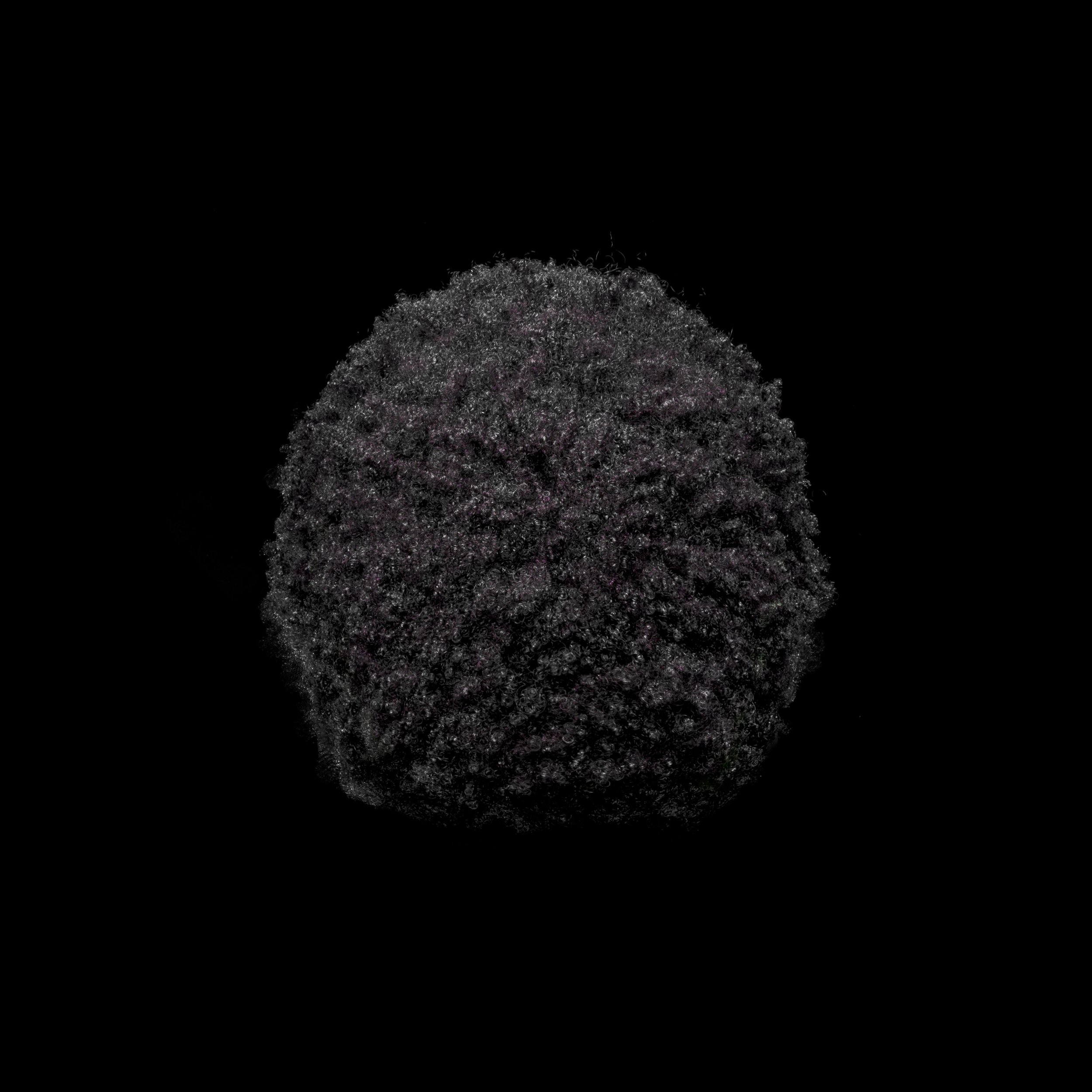 Close-up of a dark, textured, round object with a rough surface against a solid black background.