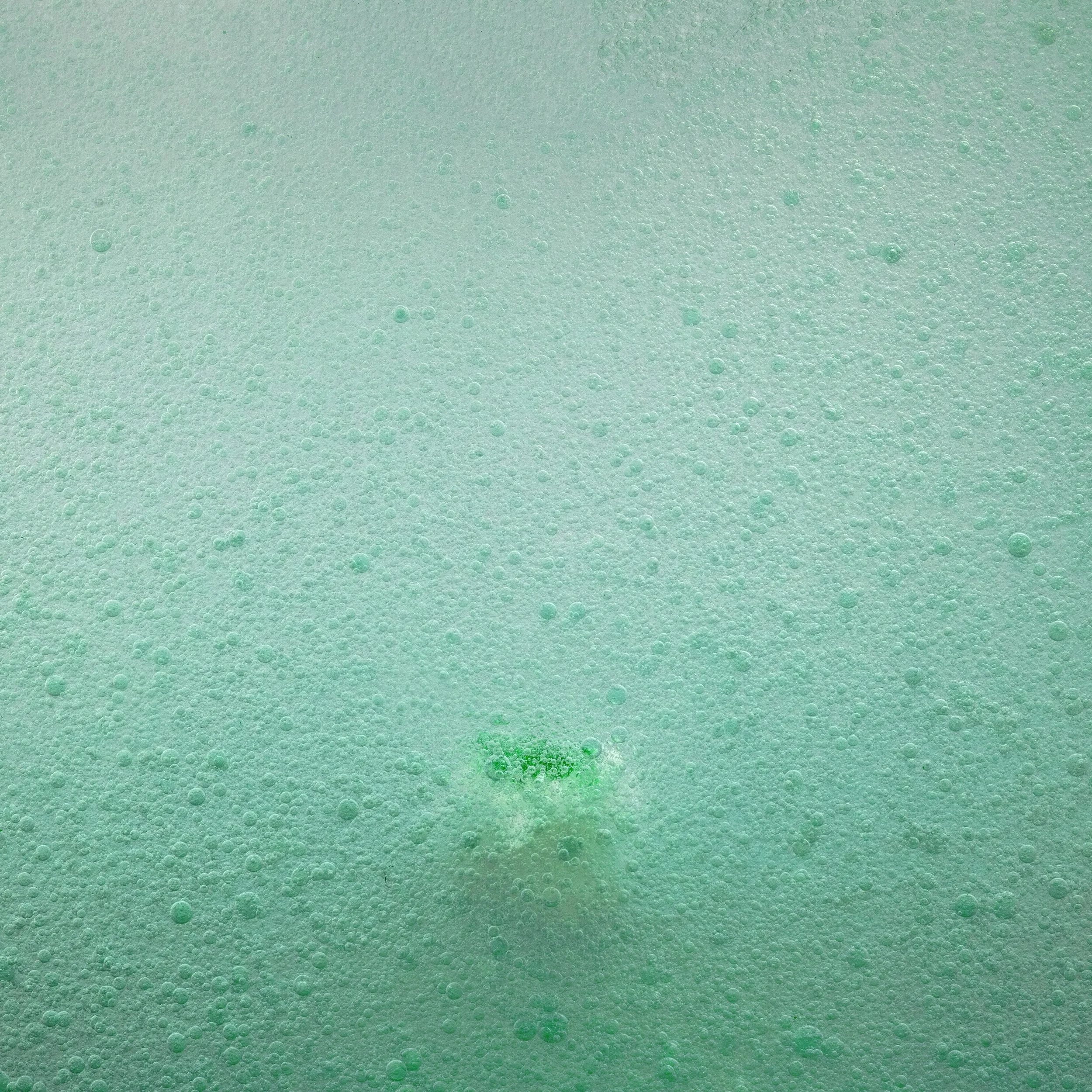 Close-up of a bubbly, light green liquid surface with small bubbles and foam
