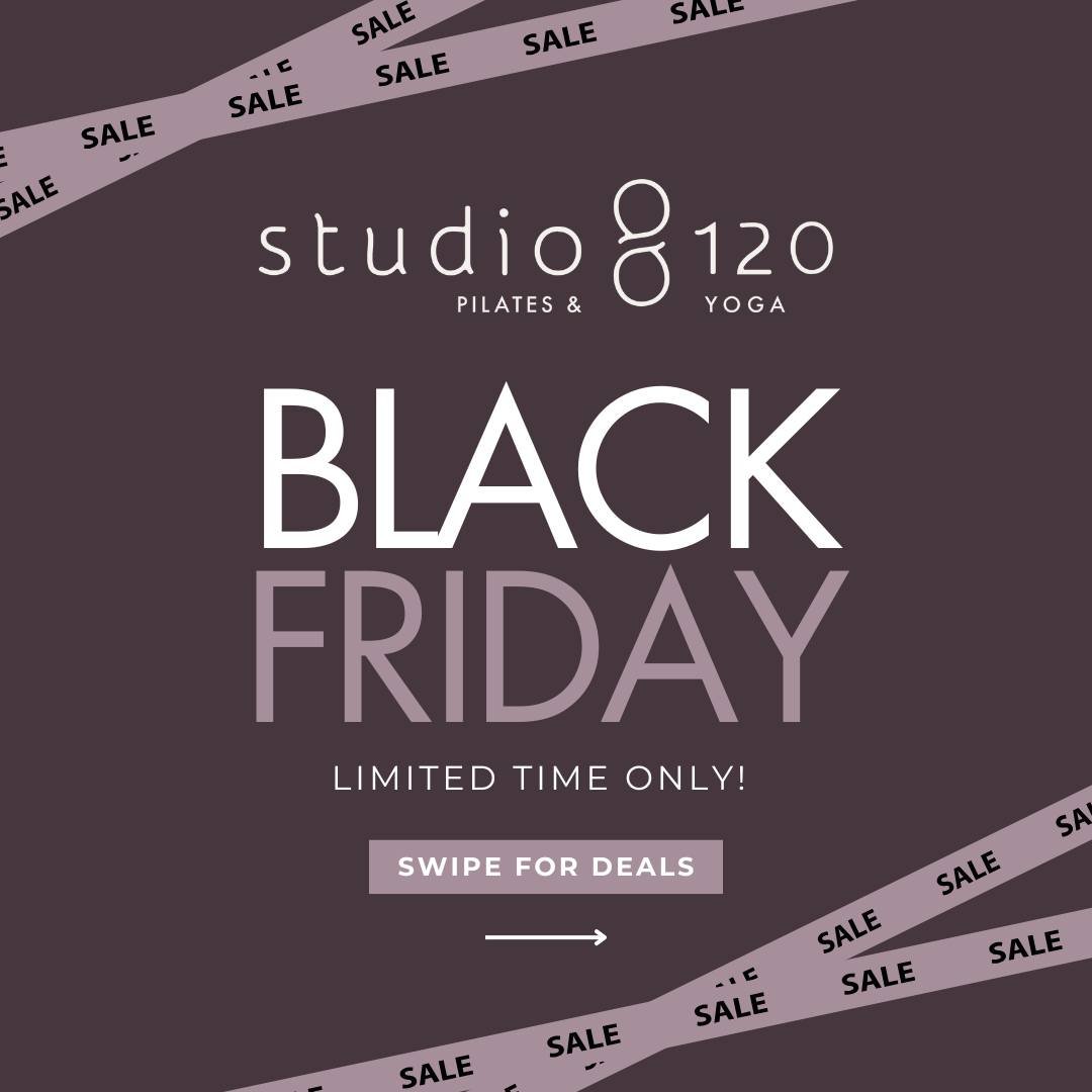🖤 Black Friday at Studio 120 begins NEXT WEEK (November 28th)!

Snag a 10-Class Pass for $200 (good for a full 12 months!) and unlock some seriously dreamy self-care perks from our friends at @lotusnailstudioandboutique  and @heavenstouchrelax 

Plu