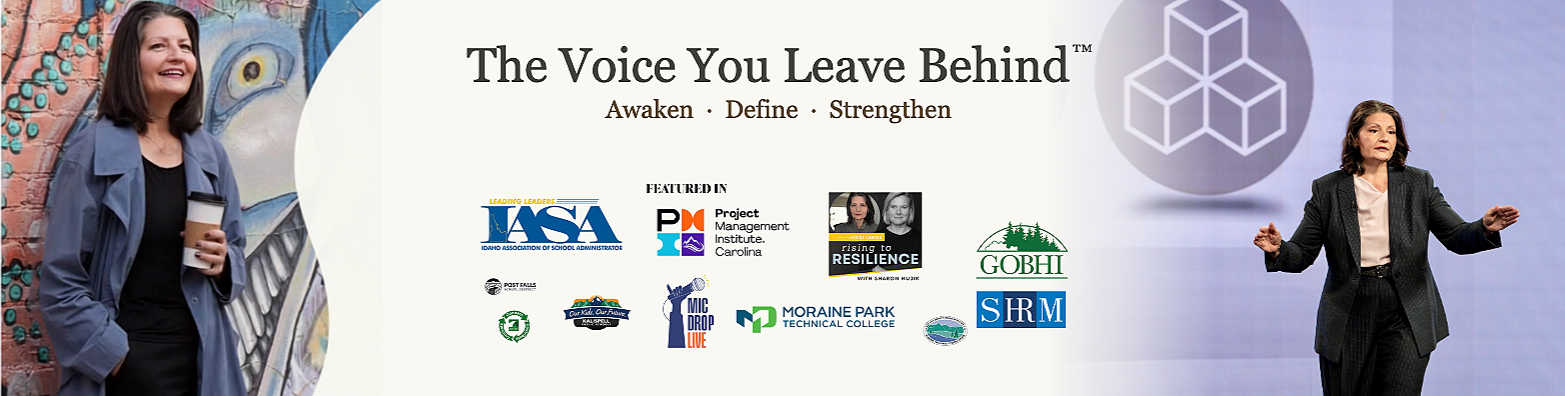 A promotional banner for a self-improvement or motivational event titled 'The Voice You Leave Behind,' with  images of a smiling woman holding a coffee cup on the left and a woman speaking or presenting on the right. The banner also includes logos of various organizations and institutions.