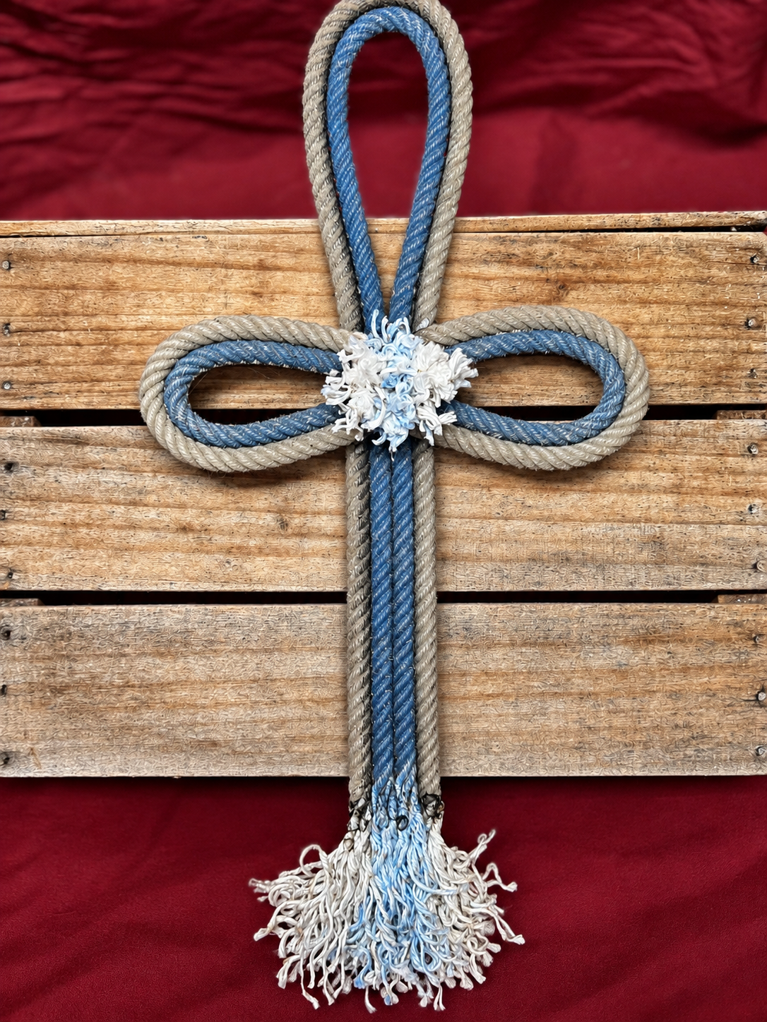 Handmade Denim Blue & Natural Lariat Rope Cross