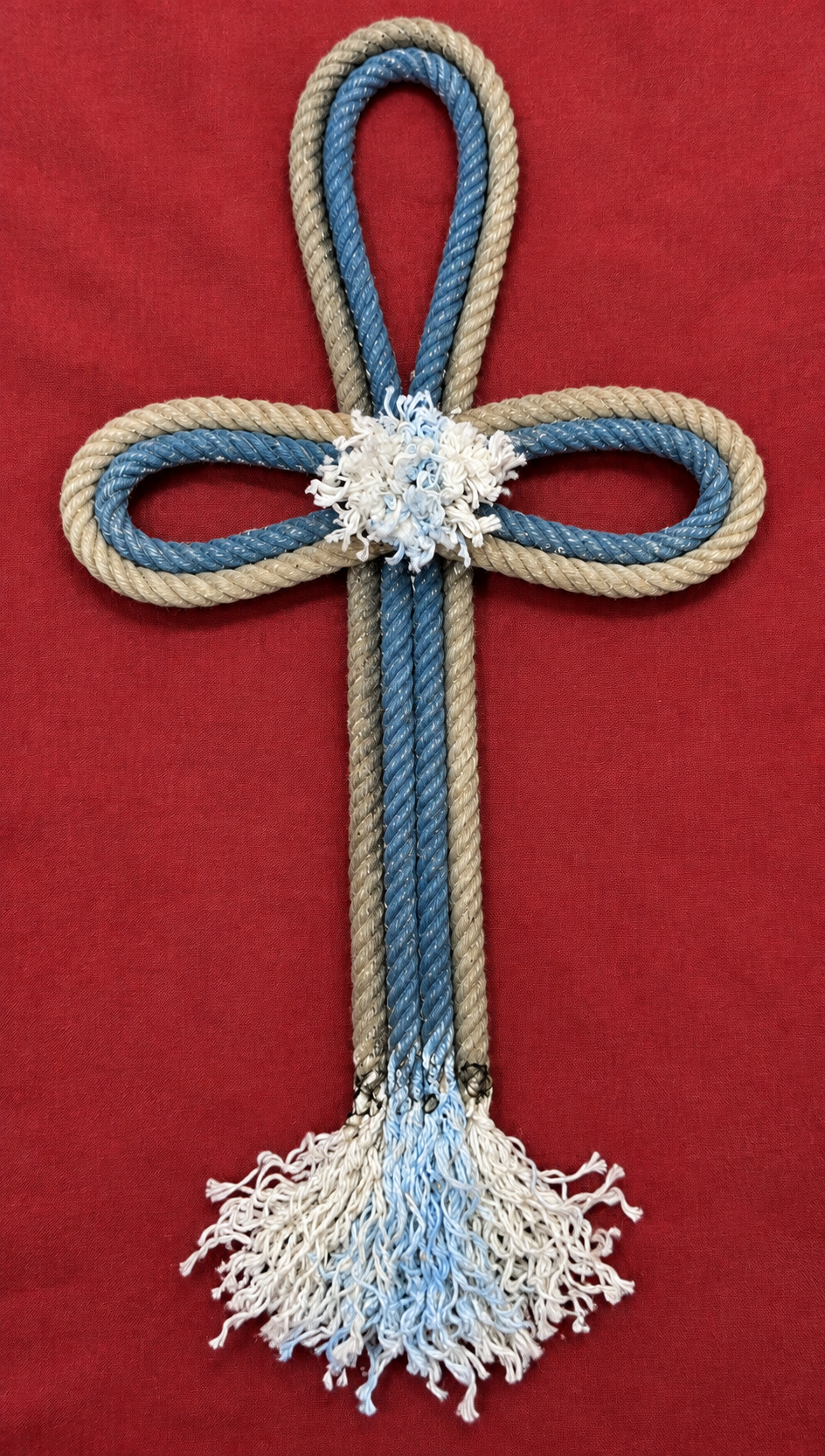 Rustic Two-Tone Rope Cross on Burgundy Fabric.png