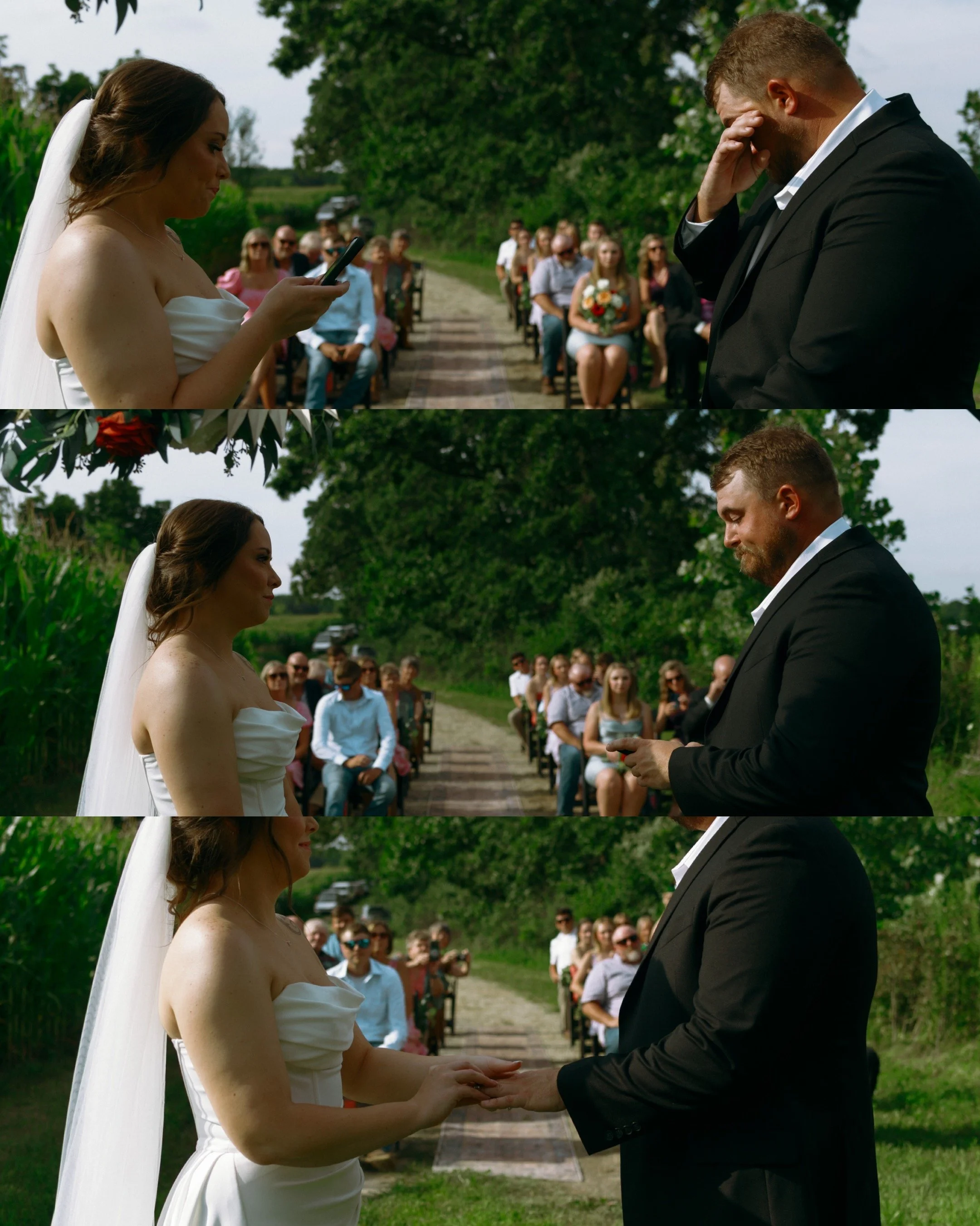 Candid outdoor vow exchange at a Southern Wisconsin micro wedding captured in a natural, documentary style