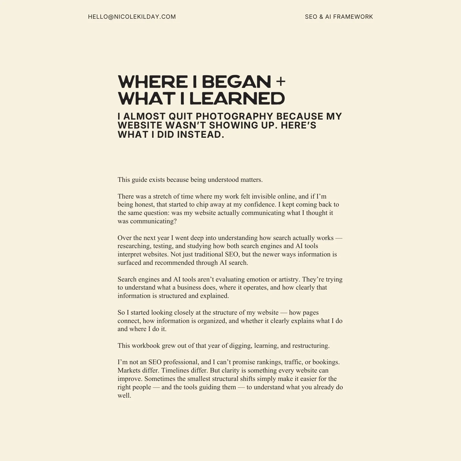 Introduction page explaining how restructuring a photography website improved search visibility