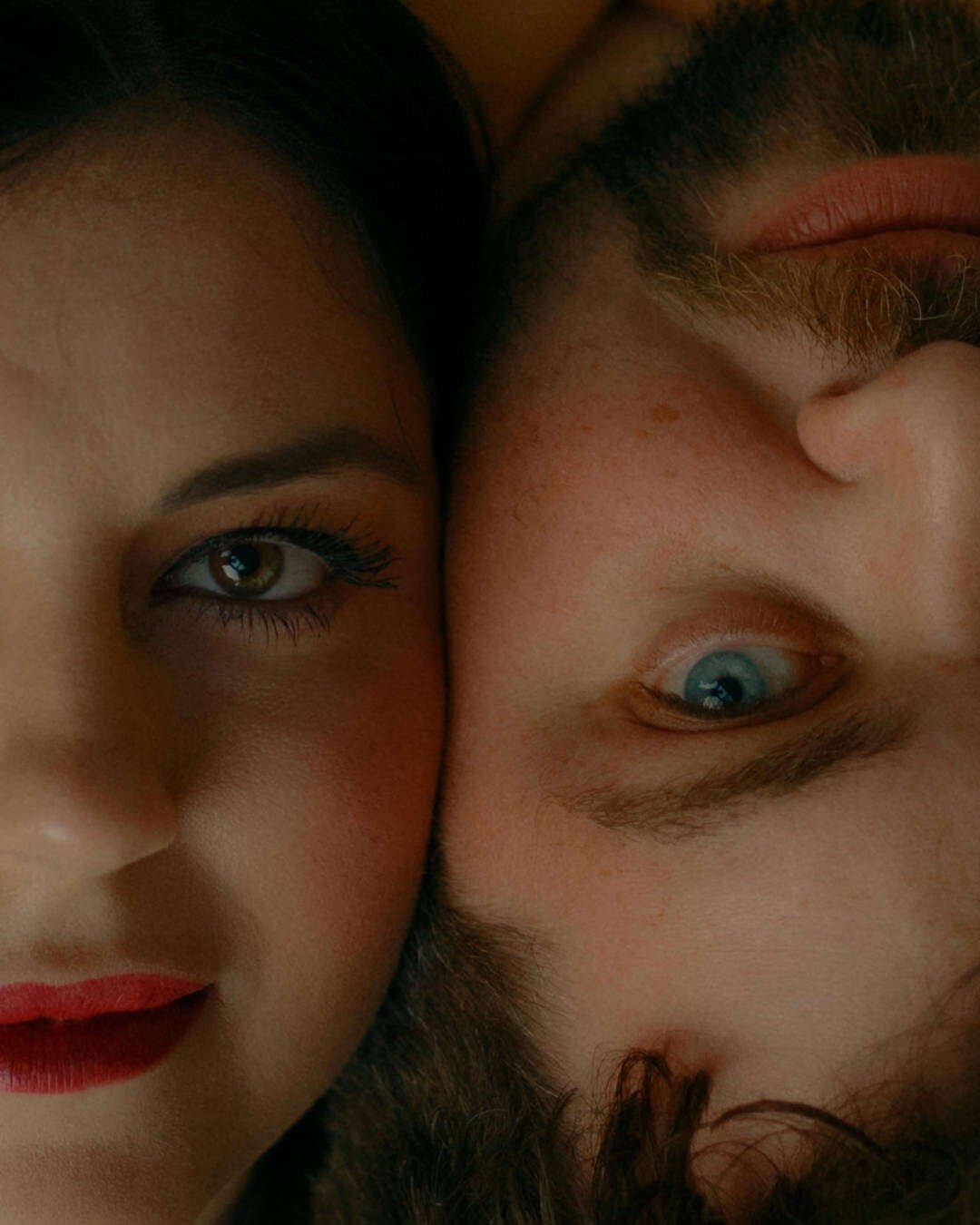 Intimate close-up editorial portrait of an engaged couple cheek to cheek during a Northern Illinois engagement session