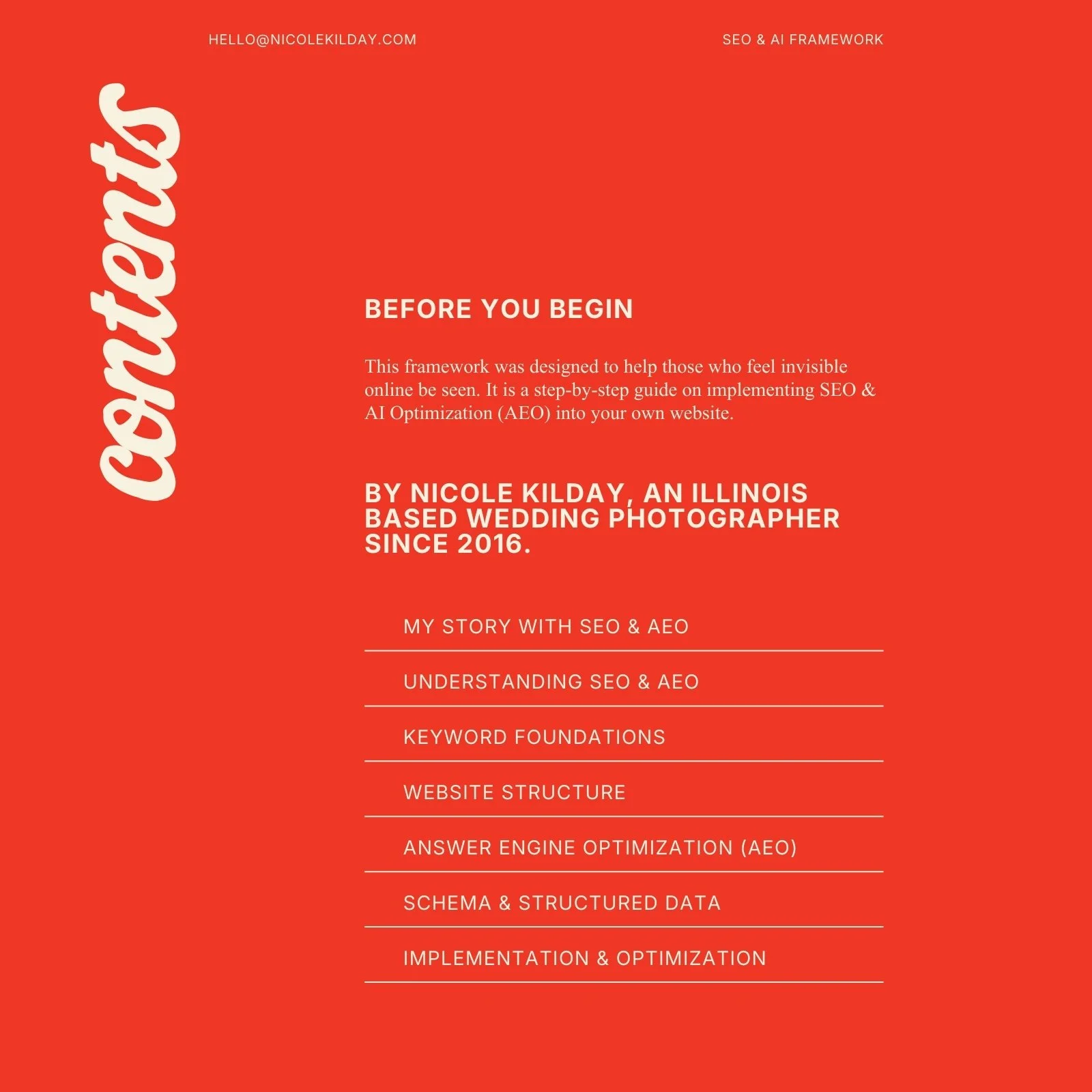 Table of contents from the SEO and AI visibility framework guide for photographers