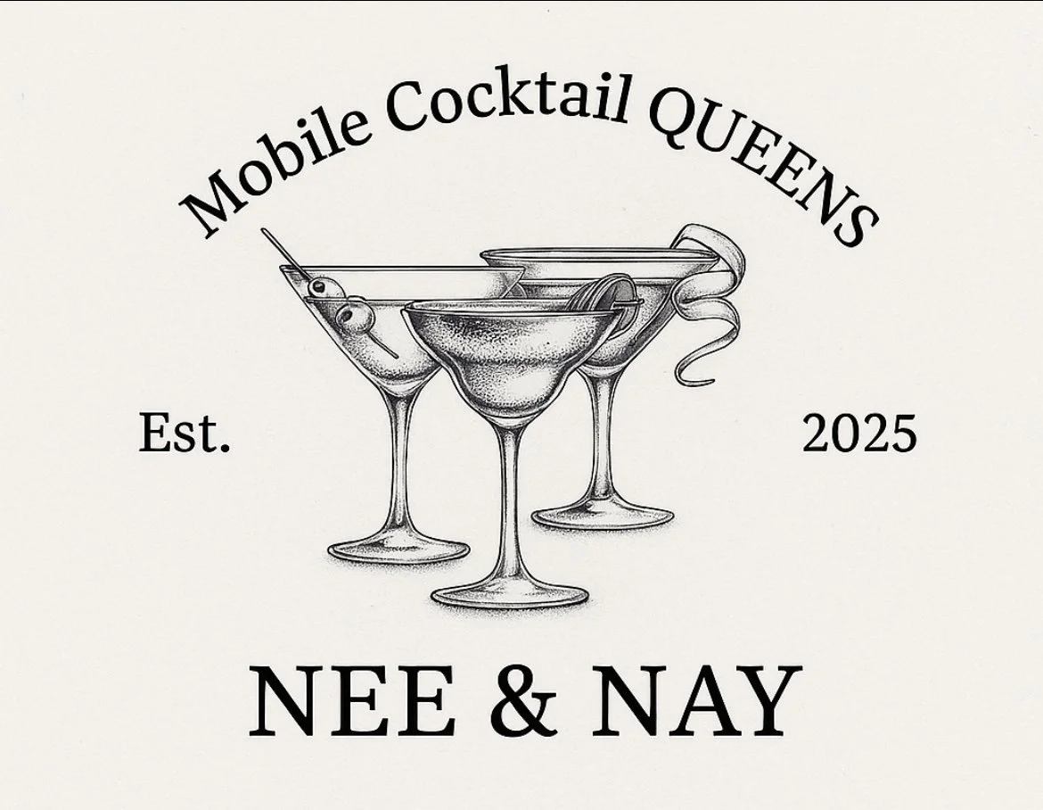 A black-and-white illustration of three martini glasses with cocktails, garnished with olives, citrus peel, and a cherry, with the text "Mobile Cocktail Queens," "Est. 2025," and "Nee & Nay".