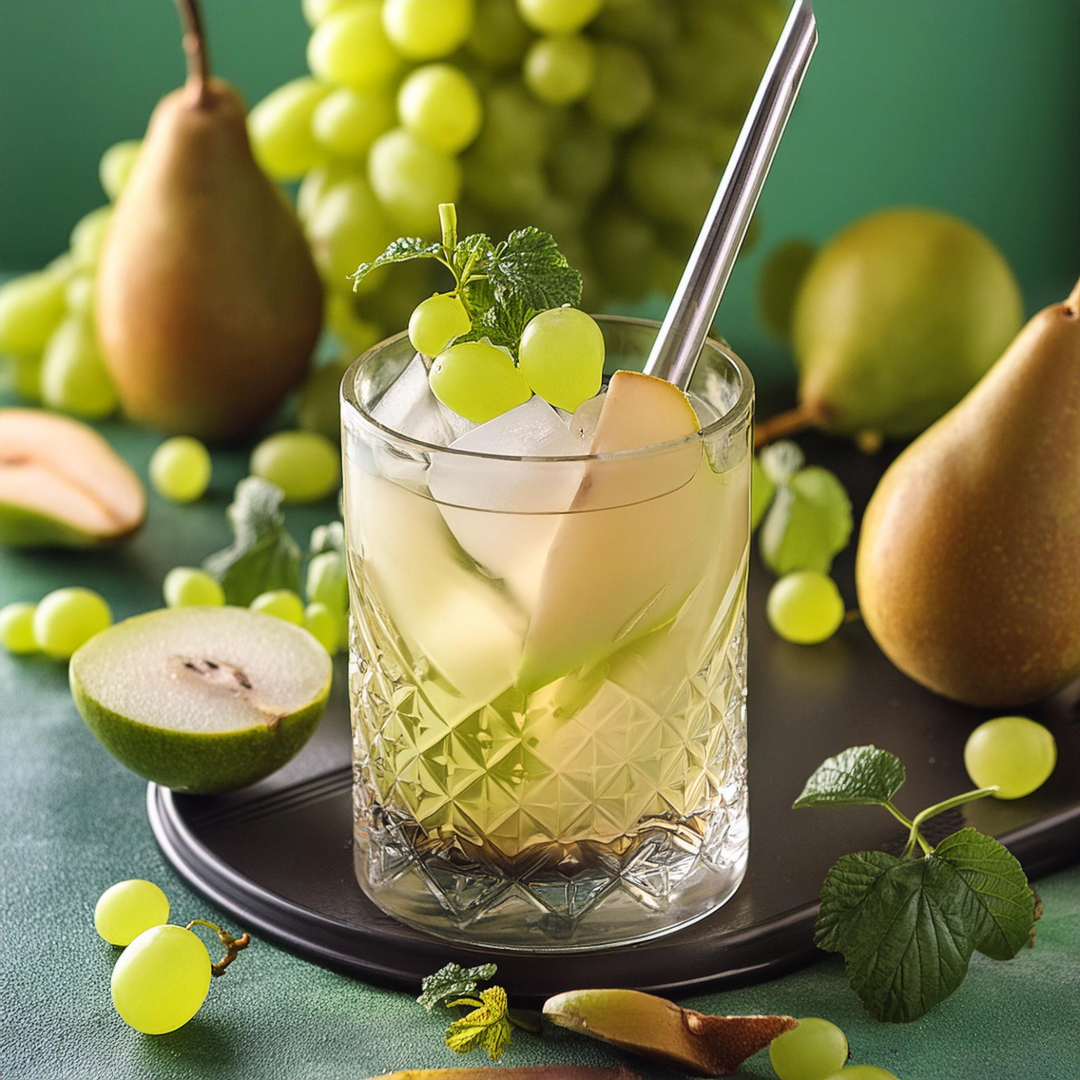 Verre de cocktail avec des raisins verts, une tranche de poire, des glaçons et une branche de menthe, entouré de poires, raisins et autres fruits.
