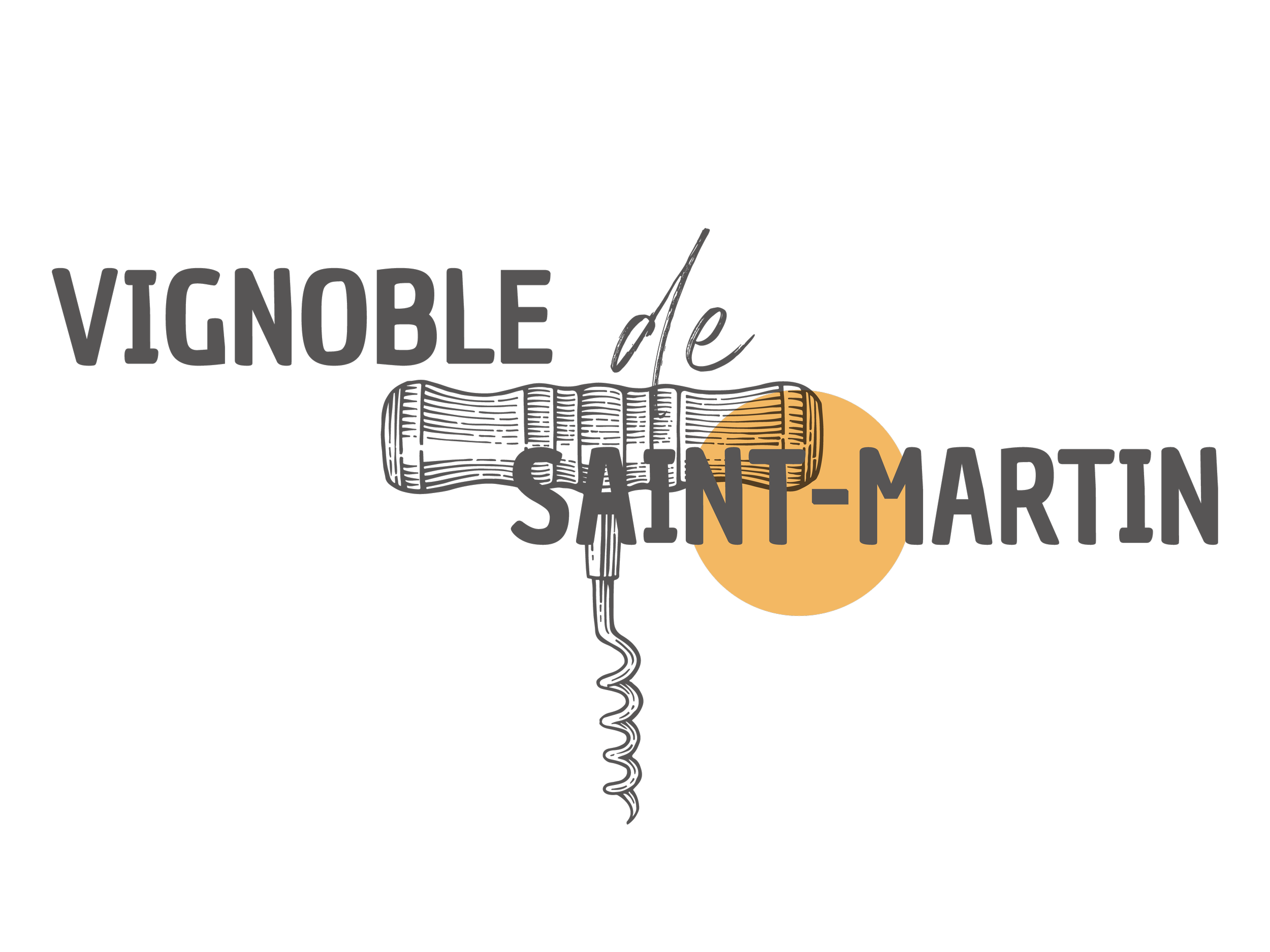 Texte en français : VIGNOBLE de SAINT-MARTIN avec une illustration d'une bouteilles de vin et un cercle orange derrière la bouteille.