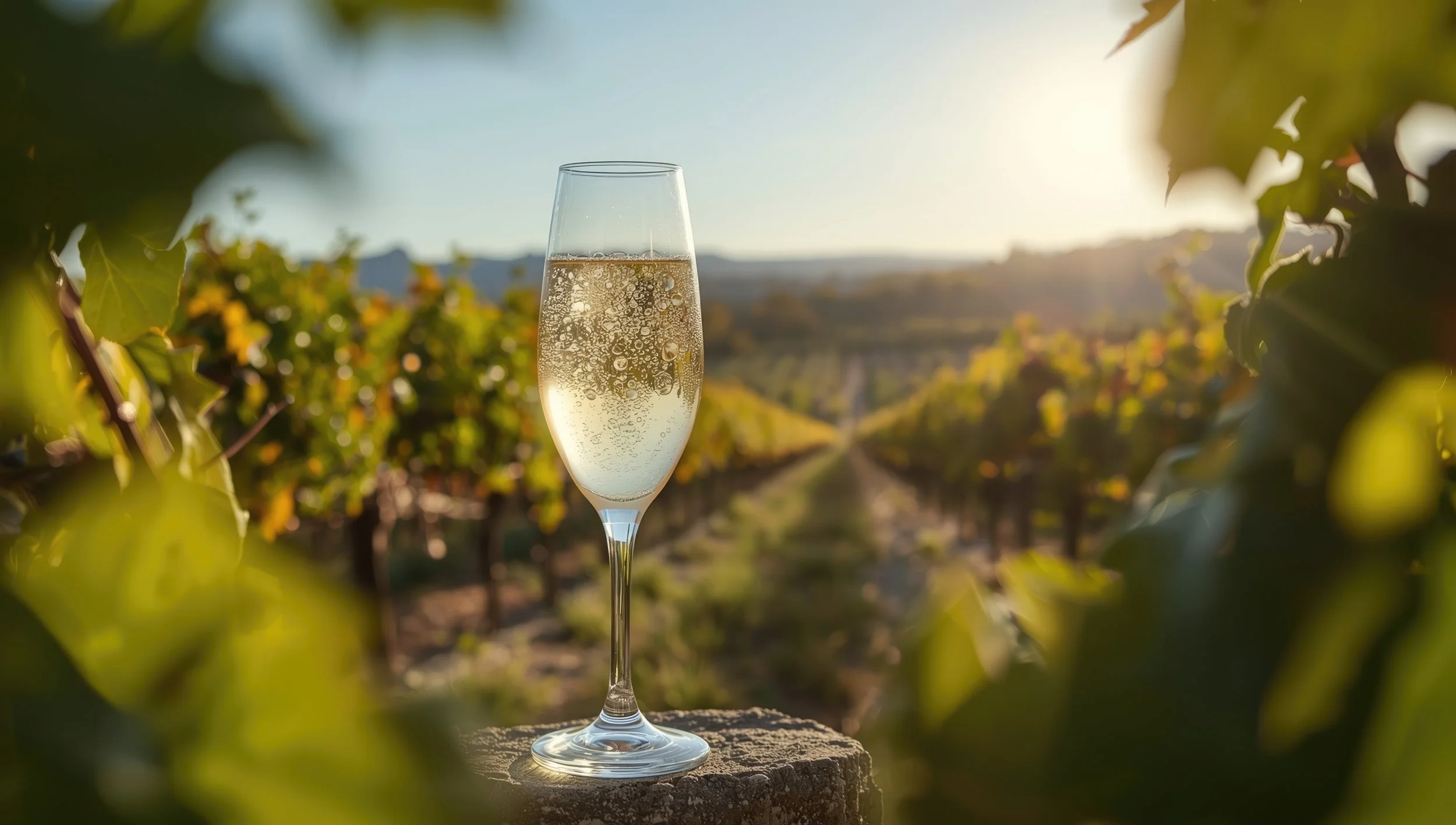 Verre de champagne dans un vignoble au coucher du soleil, entouré de feuilles vertes.