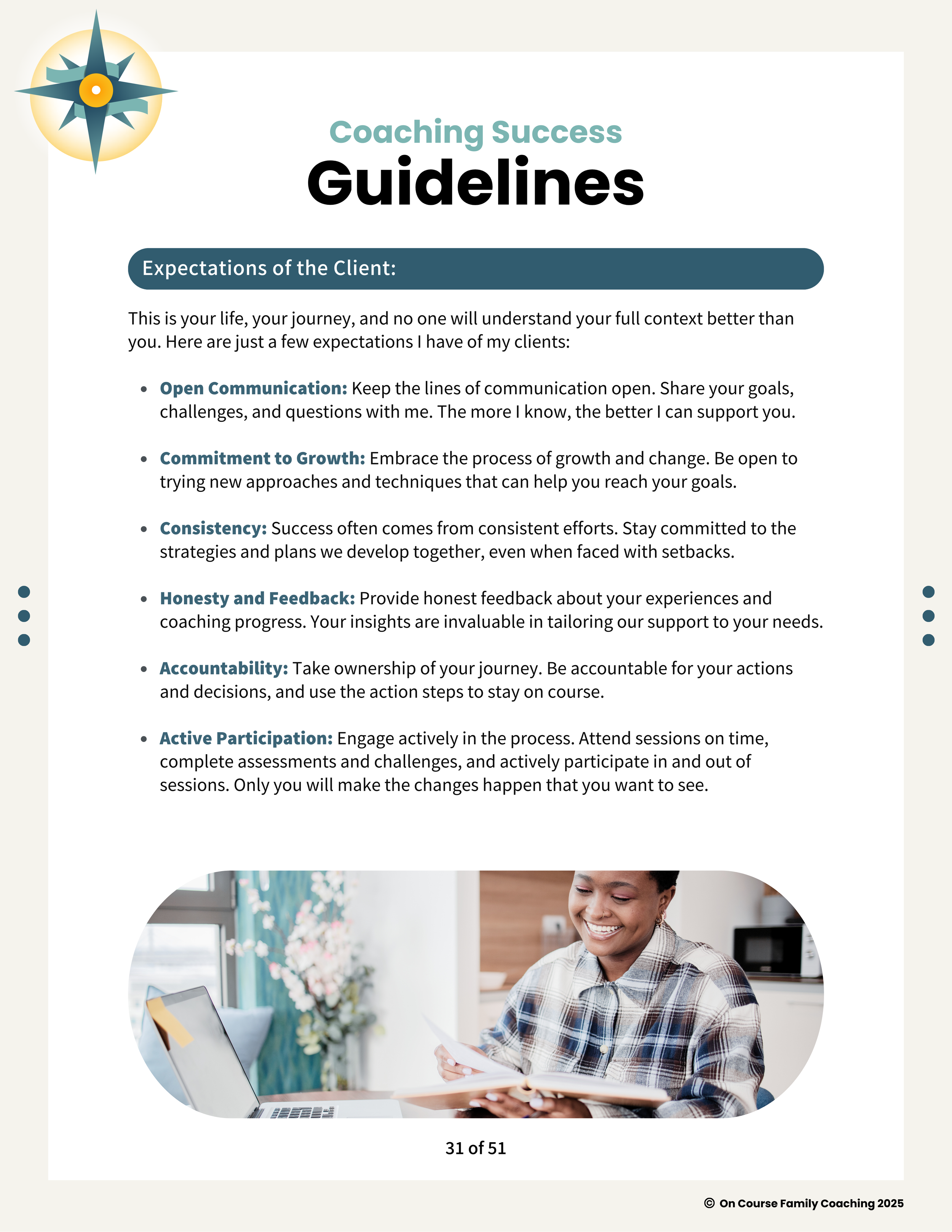 A coaching guidelines document from On Course Family Coaching 2025, with a picture of a smiling woman reading a book at a desk with a laptop and a vase of flowers nearby.