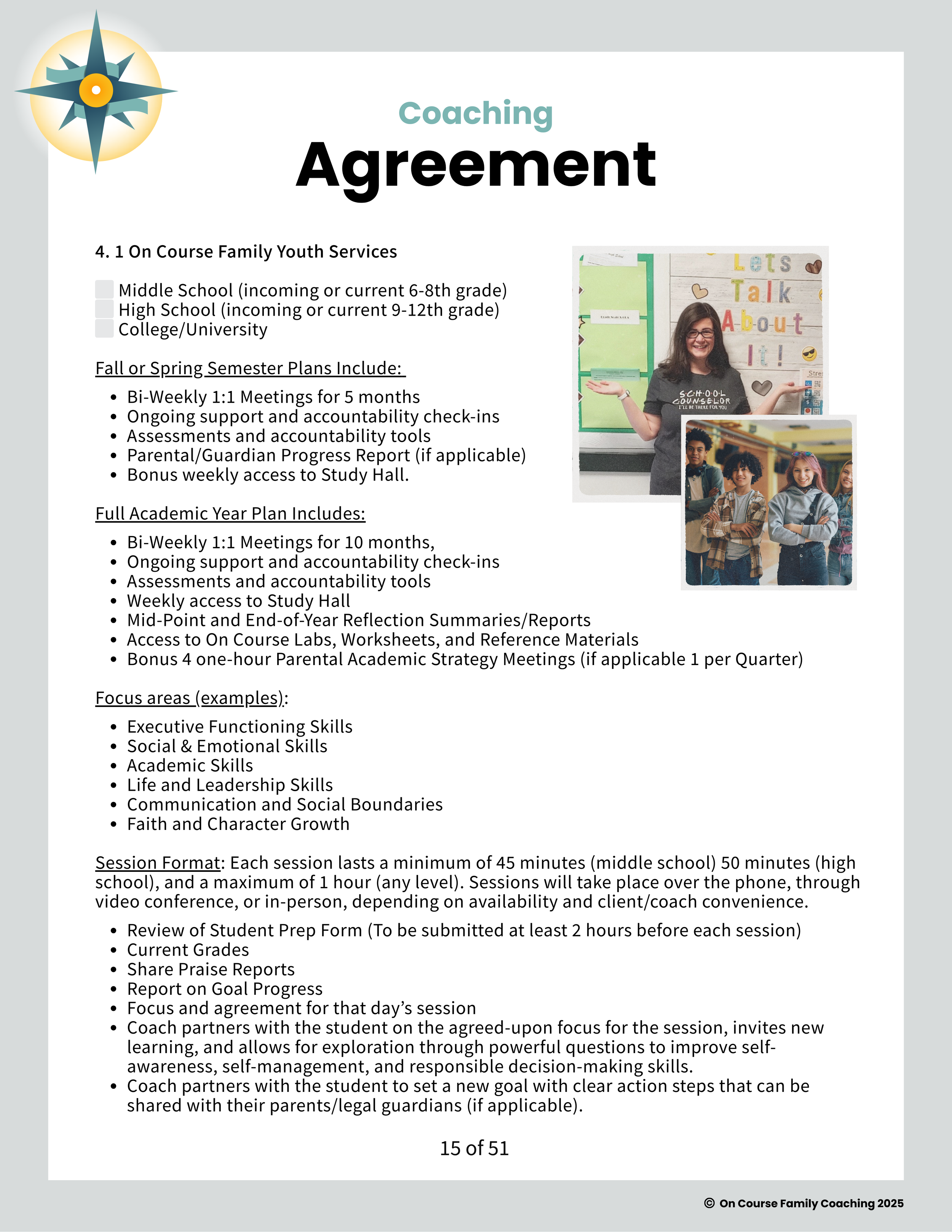 A coaching agreement document with the title in bold, featuring a graphic of a smiling woman in a classroom pointing at a board with colorful letters, and a group of children standing in front of her, all inside a classroom setting.