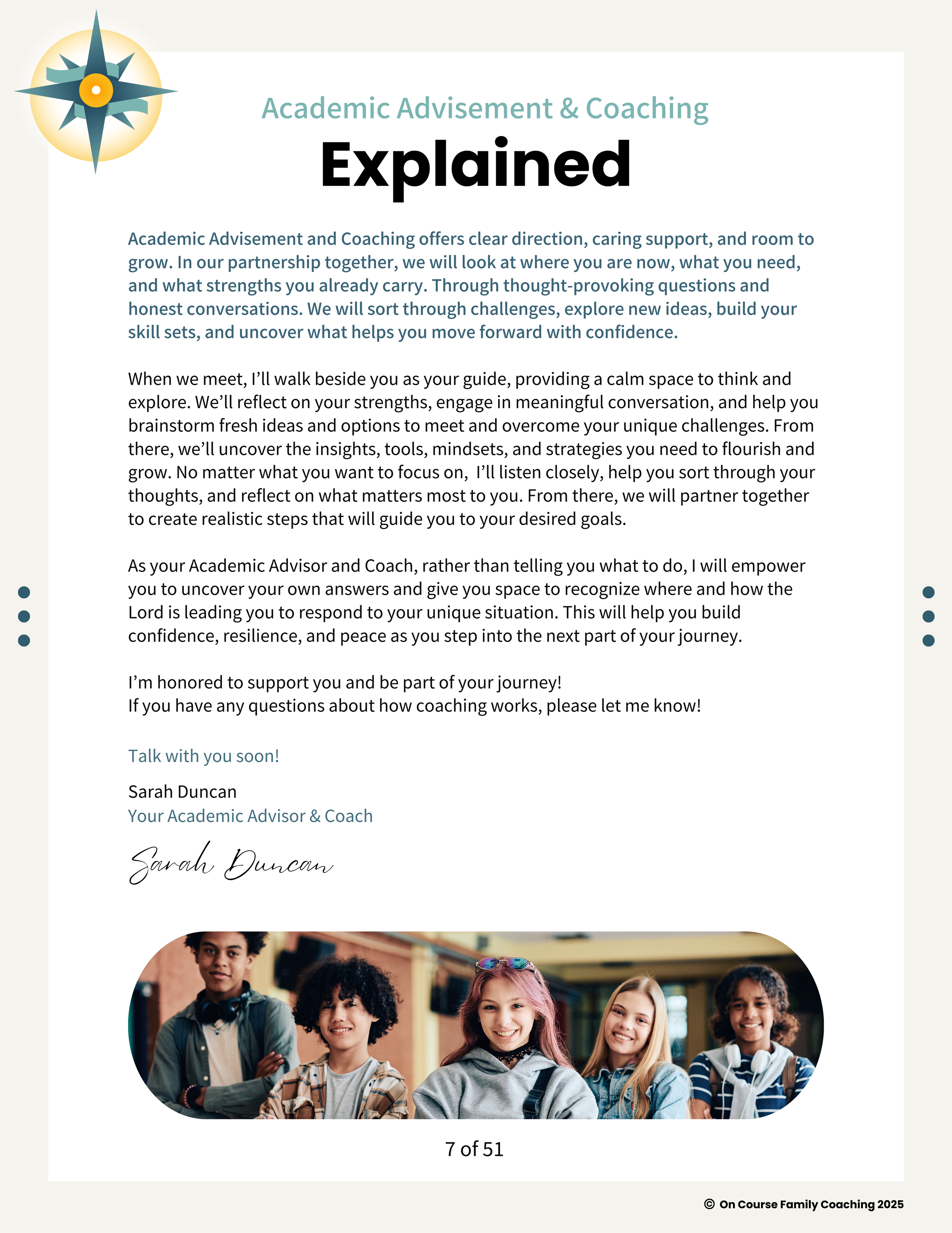 A website page for Academic Advisement & Coaching with a message from Sarah Duncan, a group photo of five diverse smiling students at the bottom, and a logo of a compass in the top left corner.