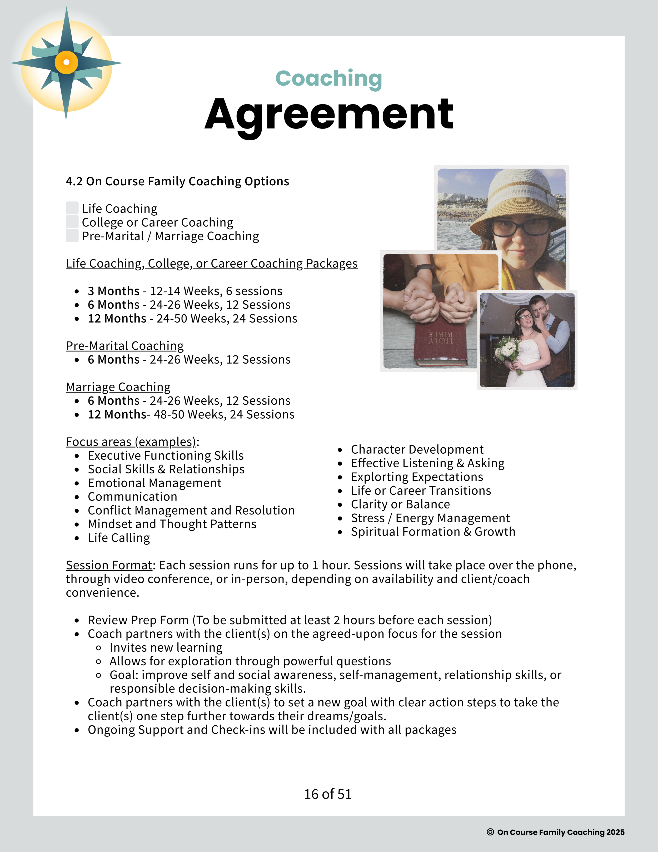 Document titled 'Coaching Agreement' with options for life coaching, college or career coaching, and pre-marital or marriage coaching, including session durations and focus areas, with three photos on the right featuring a woman with a hat, two people holding hands, and a couple with wedding attire.