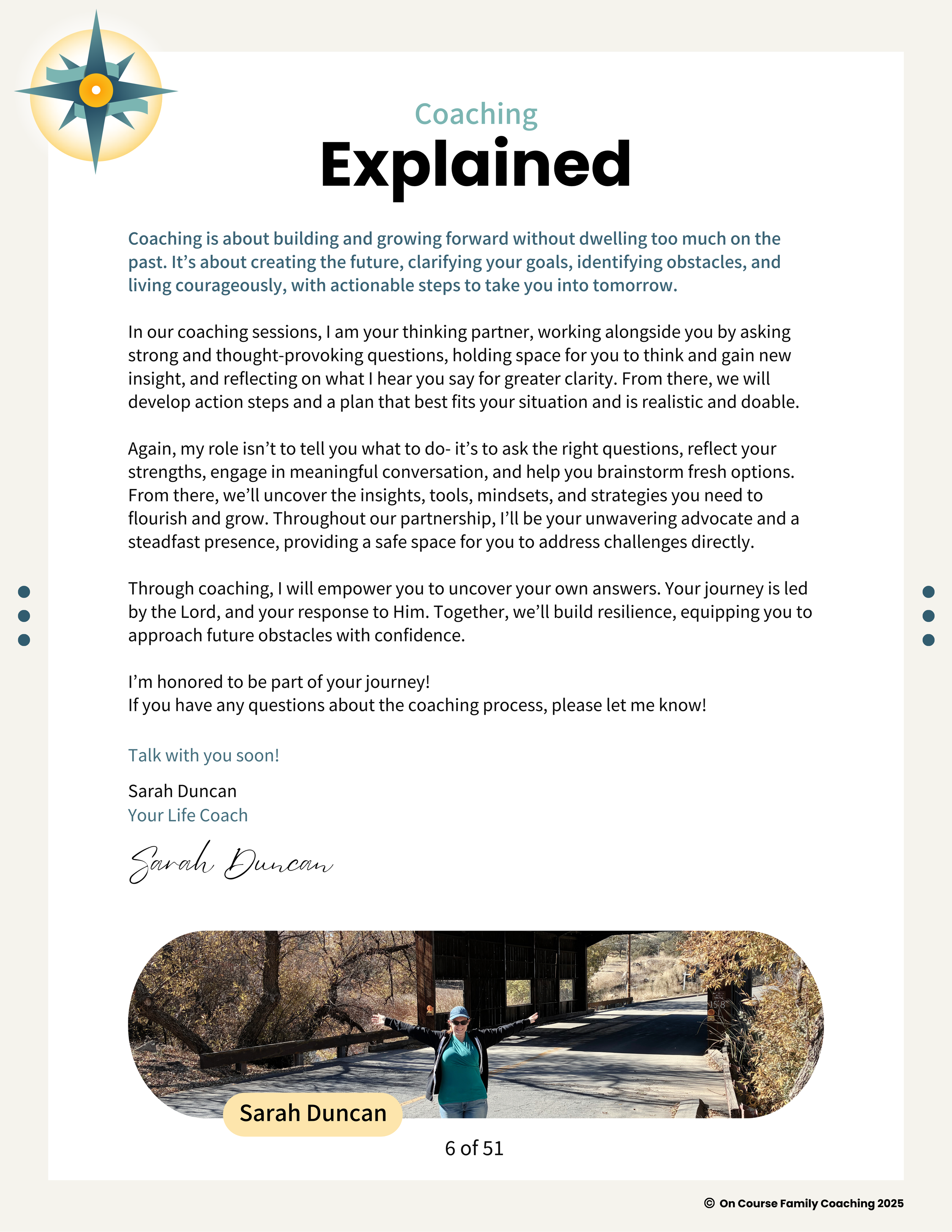 A digital brochure page for a coaching service with the title "Coaching Explained." It includes a logo of a compass in the top left corner, a close-up photo of a woman in outdoor clothing, sunglasses, and a hat, standing on a bridge with her arms outstretched beneath the photo. Her name, Sarah Duncan, is on a yellow label. The brochure contains typed text explaining coaching principles, and the bottom right corner shows that it is page 6 of 51, with a copyright notice for 2025.