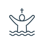 A religious figure with arms raised above water, with a cross atop their head.