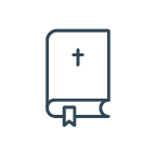 Outline drawing of a closed Bible with a cross on the cover and a bookmark ribbon.