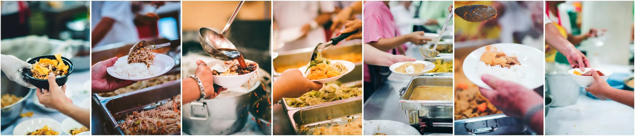People serving and receiving various dishes at a buffet or cafeteria, including rice, noodles, soup, and other foods.