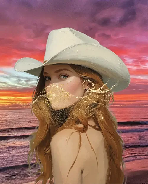 the album cover design for Vermillion + Co. EP "Colors" with a colorful sunset and ocean in the background and a redhead girl in a white cowgirl hat in the foreground