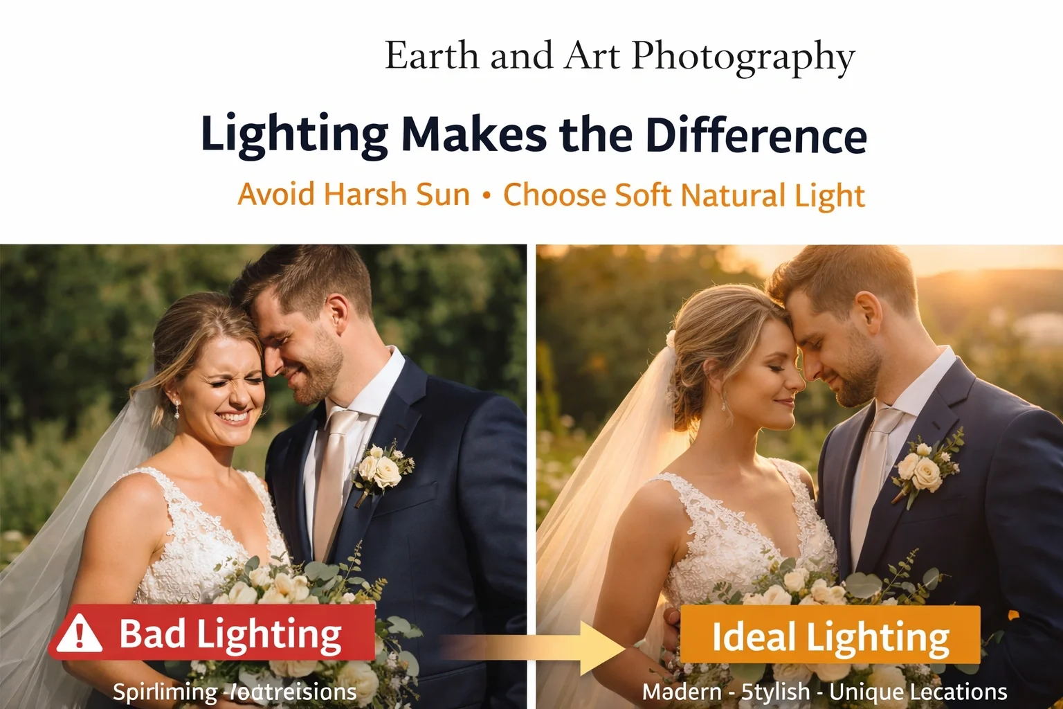 Comparison of harsh sunlight vs golden hour wedding photography lighting