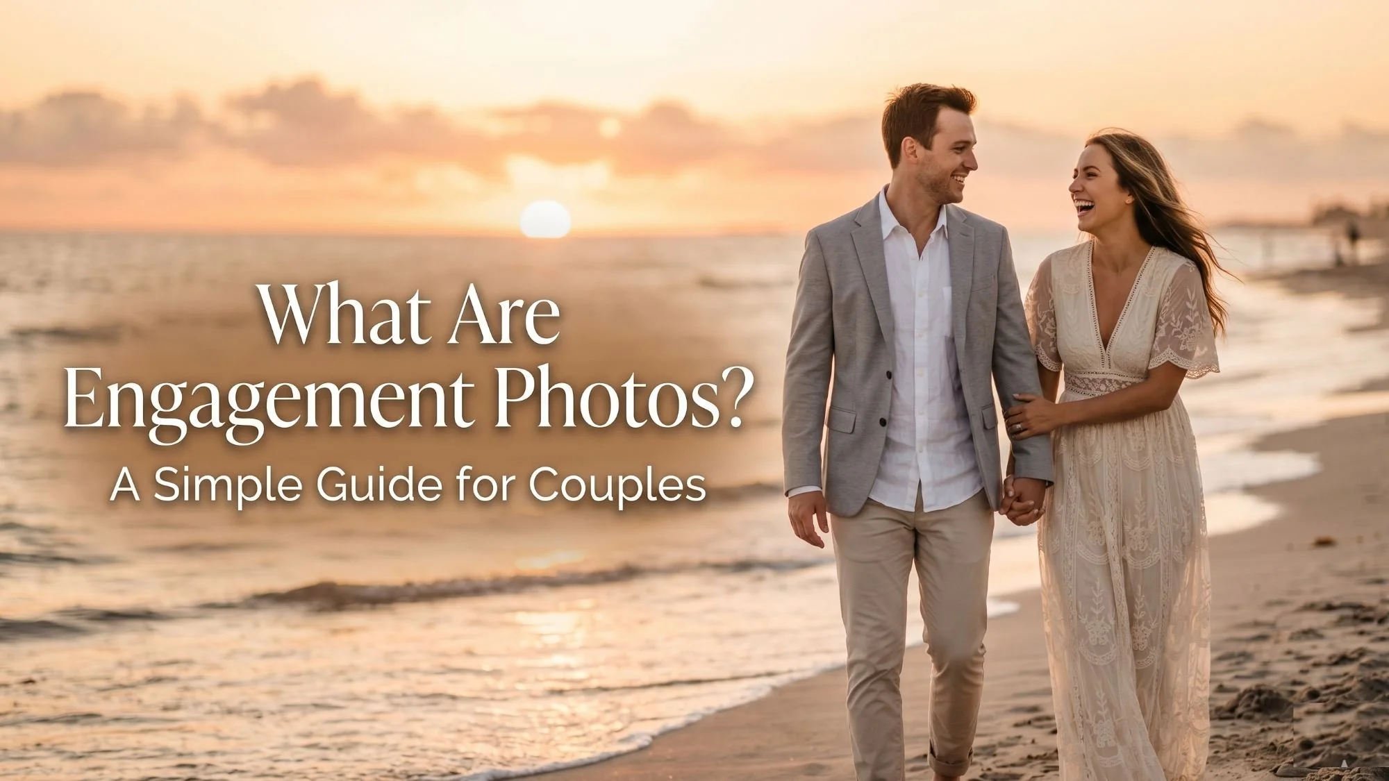 What are engagement photos showing a couple during a romantic beach photoshoot at sunset before their wedding