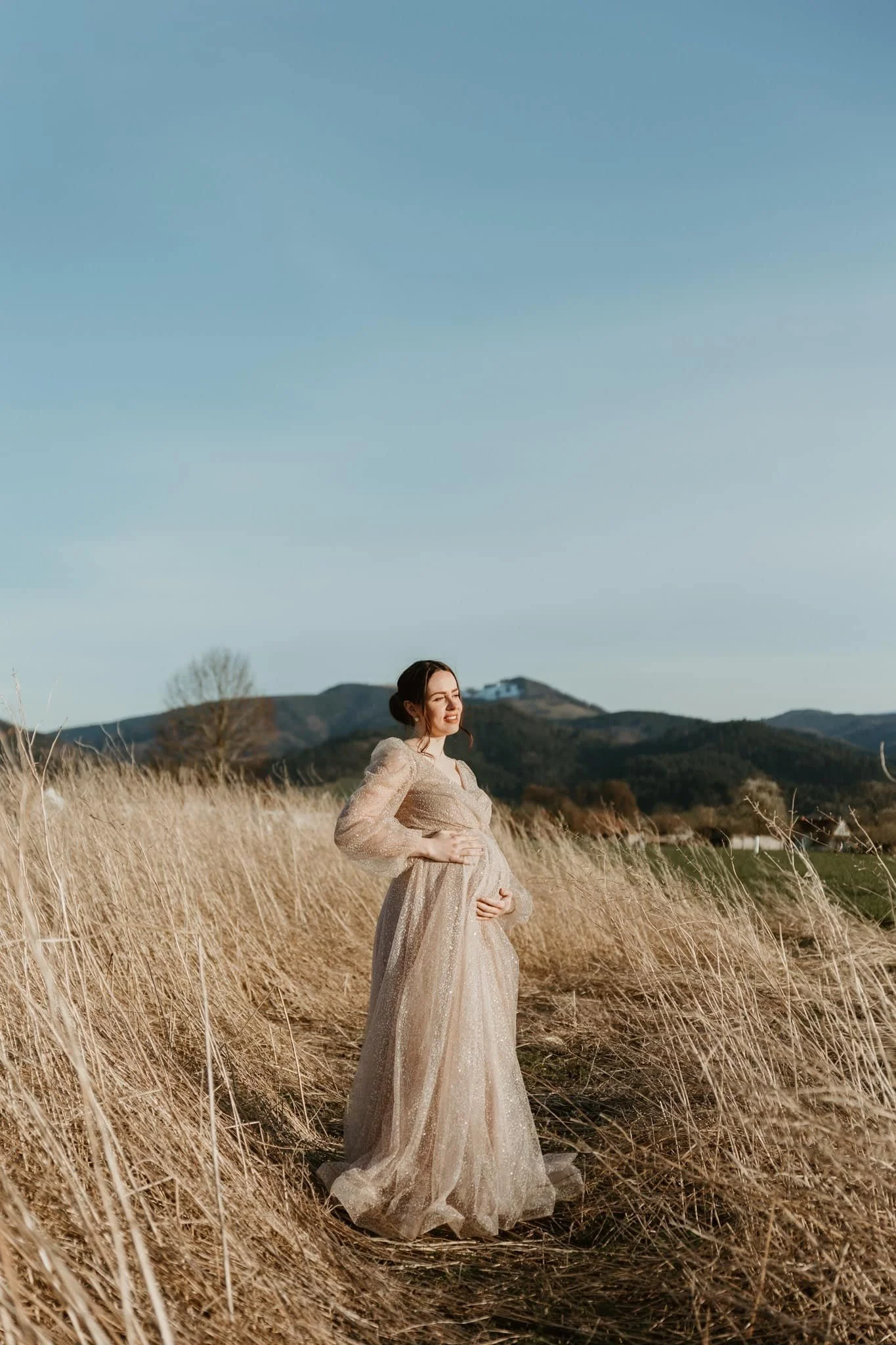 A pregnant woman in a long, sparkly beige gown standing in a field of tall golden grass with mountains in the background under a clear blue sky in Connecticut