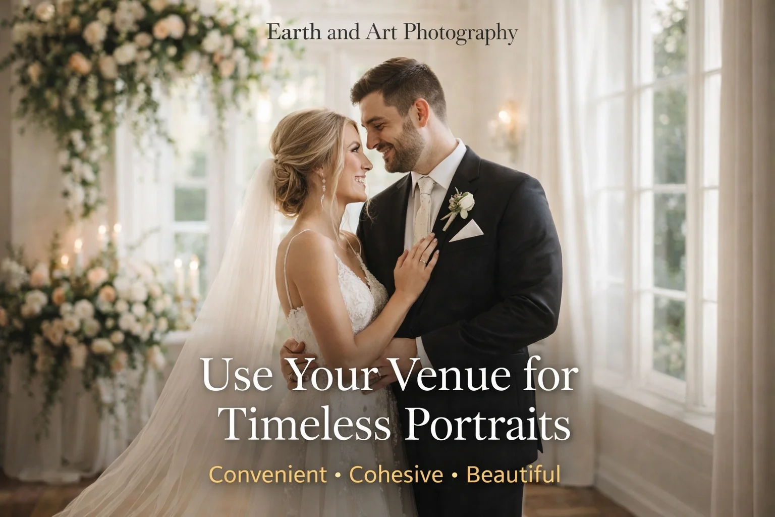 Indoor wedding venue portrait with natural window light bride and groom