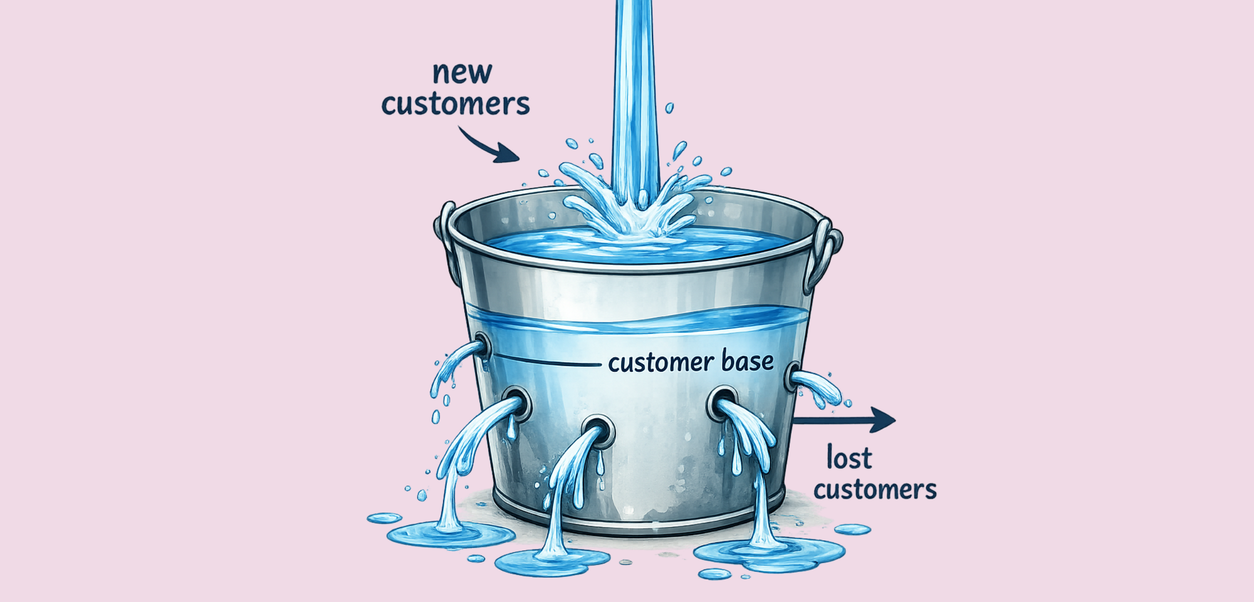 A cartoon image of a leaking bucket to demonstrate the reality of customer retention