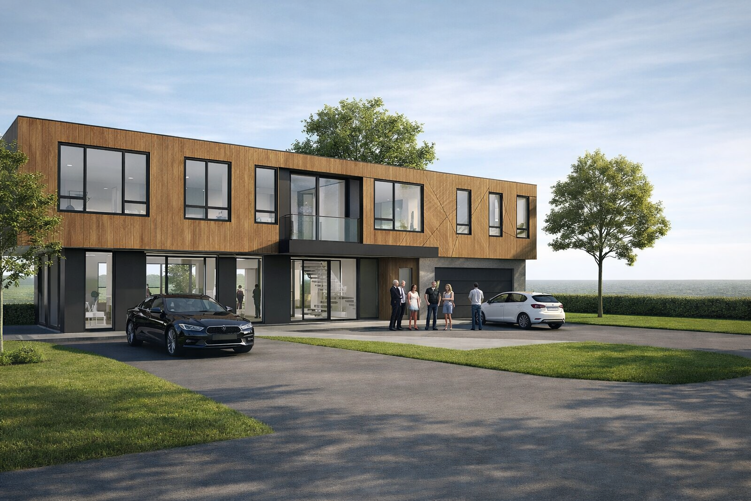 Second Iteration added more windows and and overhang at the entry plus cars and people for scale